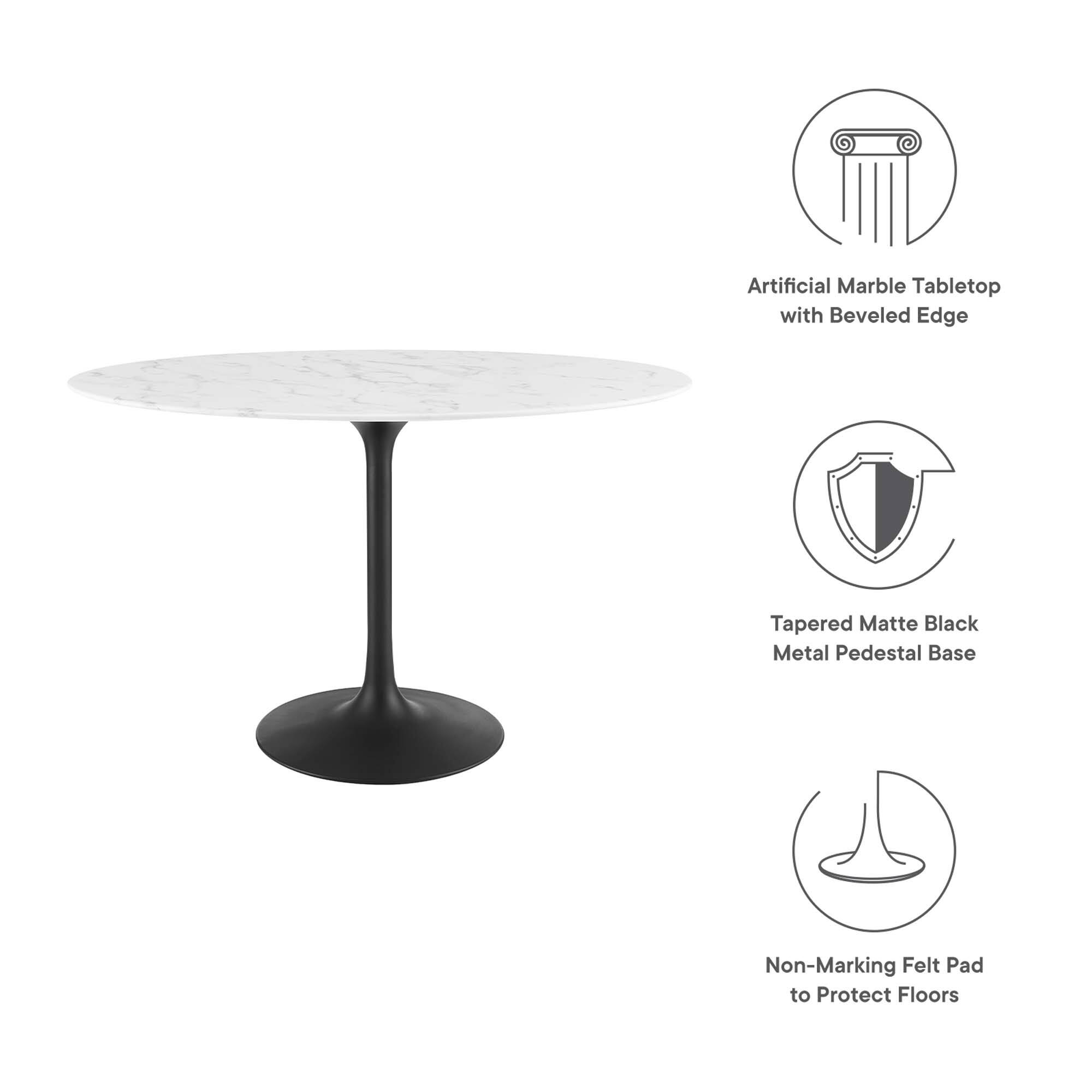 Artificial Marble Tabletop with Beveled Edge  
Tapered Matte Black Metal Pedestal Base  
Non-Marking Felt Pad to Protect Floors