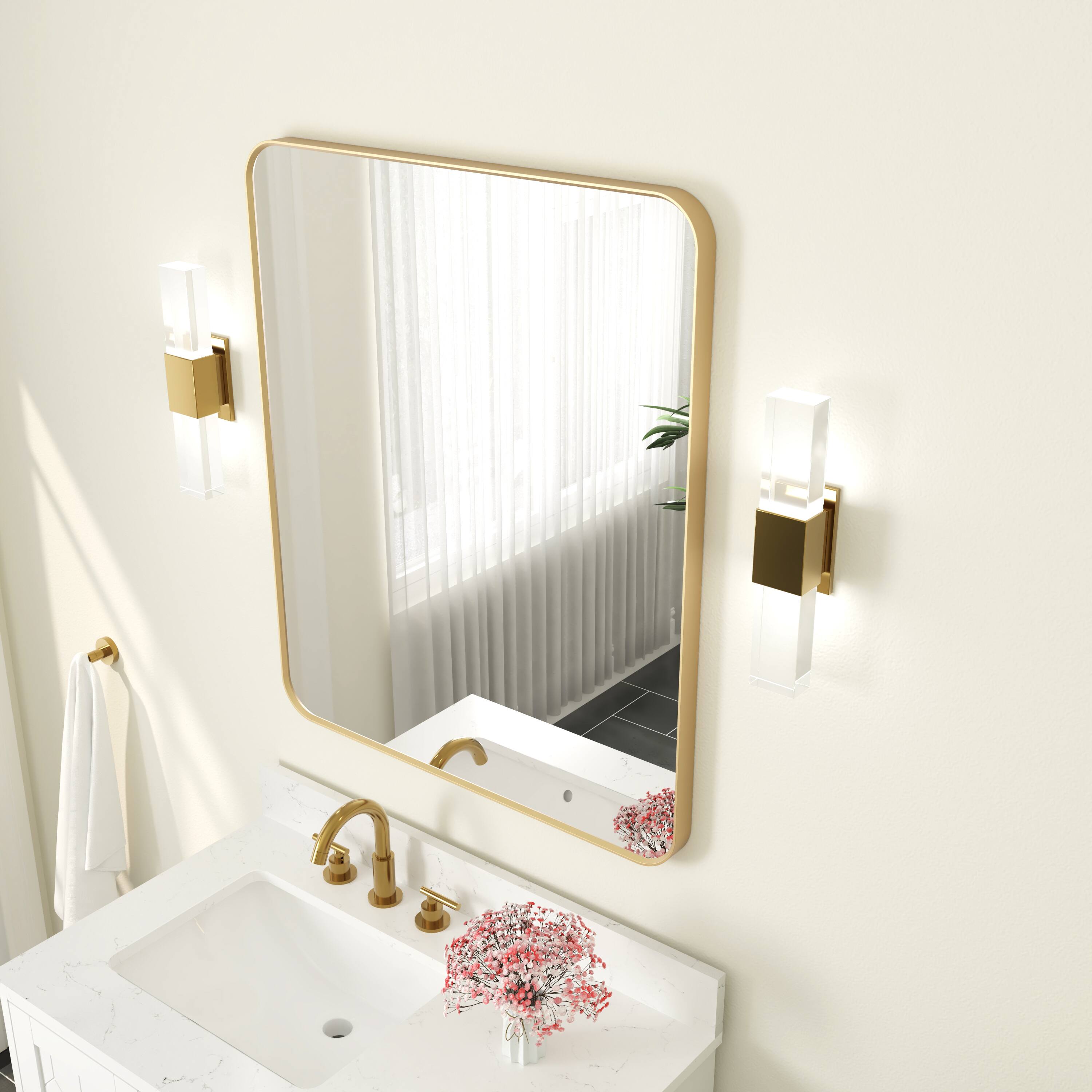 Back. WELLFOR - 30 in. W. x 36 in. H Rectangular Aluminum Framed Wall-Mounted Bathroom Vanity Mirror - Brushed Gold.