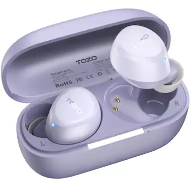 C TOZO Charging Model Output: 5V/0.1 A
Headphones Battery: 400mAh
Battery: FCC IC: 29260-BLE
Battery: 40mAh/3.7V/0.148Wh
Made in China
FC CE
TOZO
TOZO
R
L