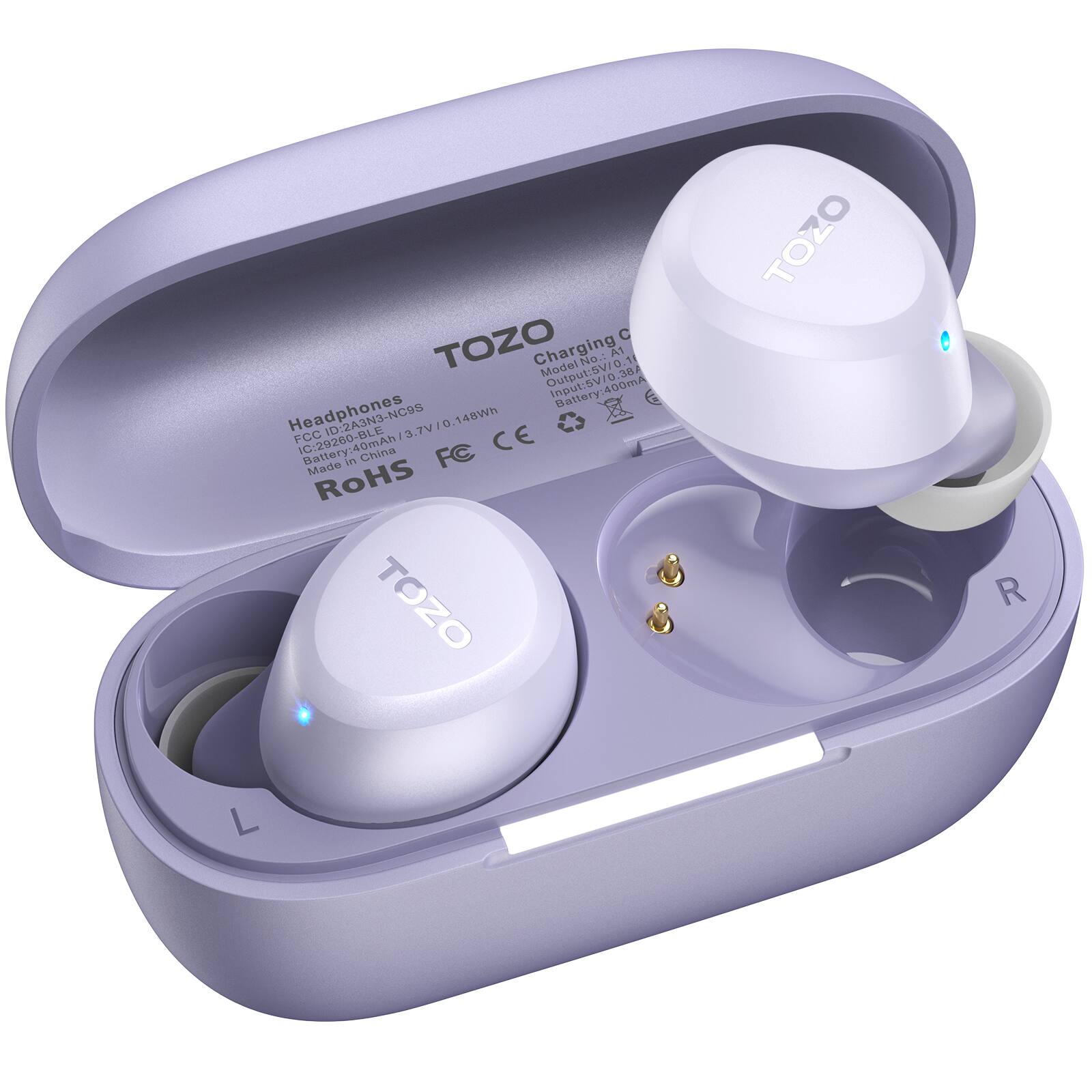 C TOZO Charging Model Output: 5V/0.1 A  
Headphones Battery: 400mAh  
Battery: FCC IC: 29260-BLE  
Battery: 40mAh/3.7V/0.148Wh  
Made in China  
FC CE  
TOZO  
TOZO  
R  
L