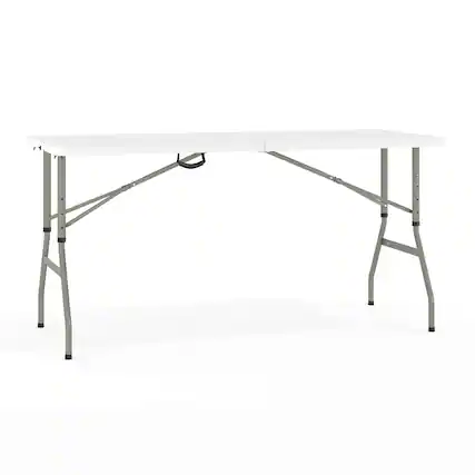 Front. Emma + Oliver - 5-Foot Height Adjustable Bi-Fold Plastic Banquet and Event Folding Table with Carrying Handle - Granite White.