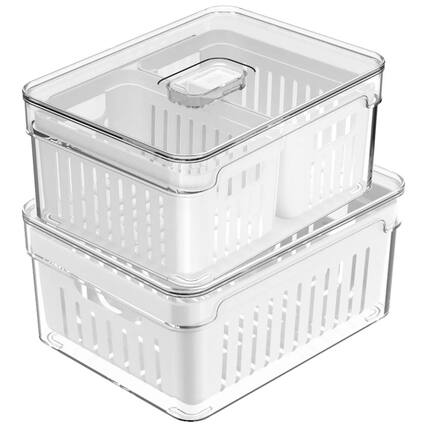 Front. OU - OU Fridge Organizer Bins with Drain Baskets & Vented Lids, Clear Stackable Refrigerator Container - Clear.