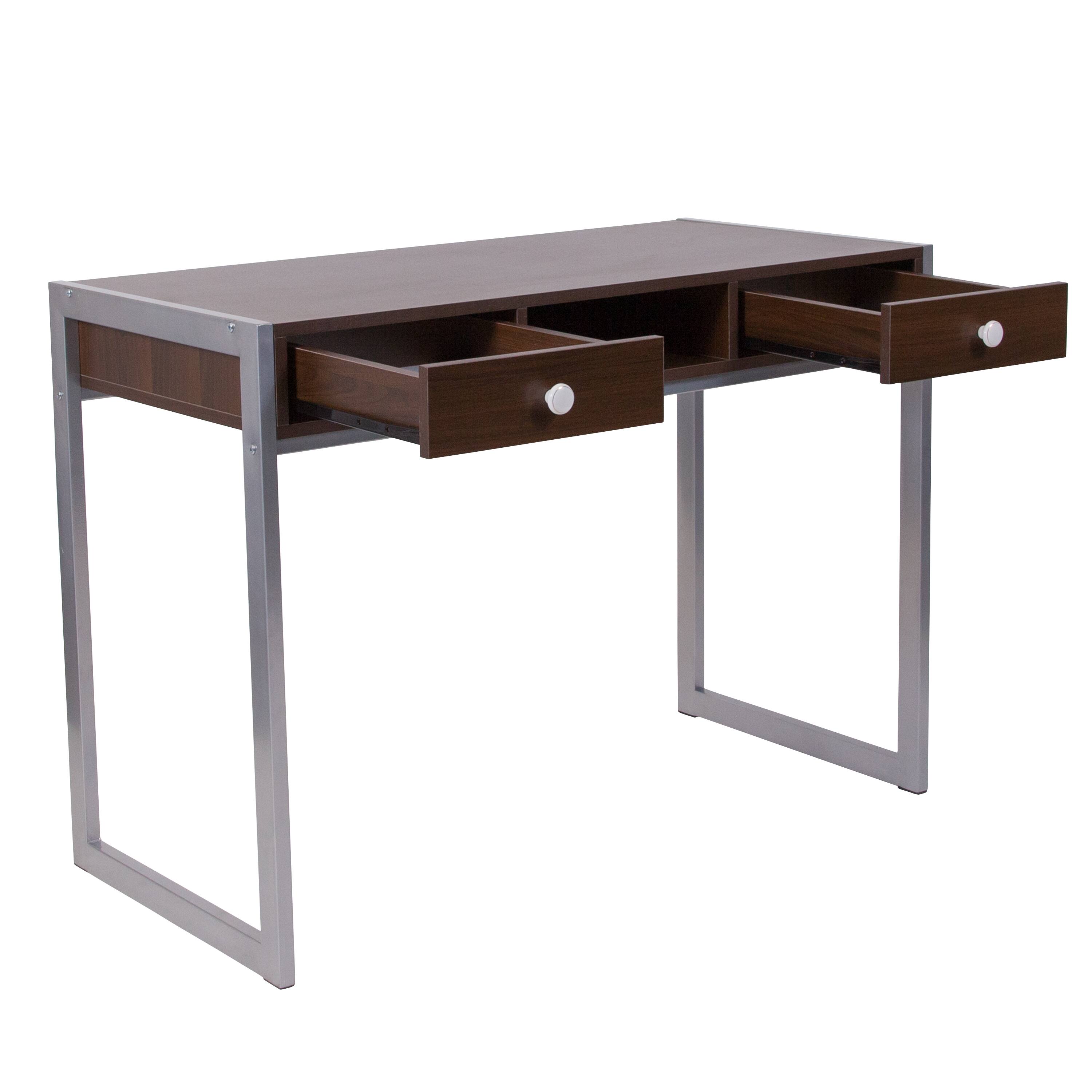 Alt View 5. Emma + Oliver - Dark Wood Grain Finish Desk with Two Drawers and Silver Metal Frame - Dark Wood Grain.