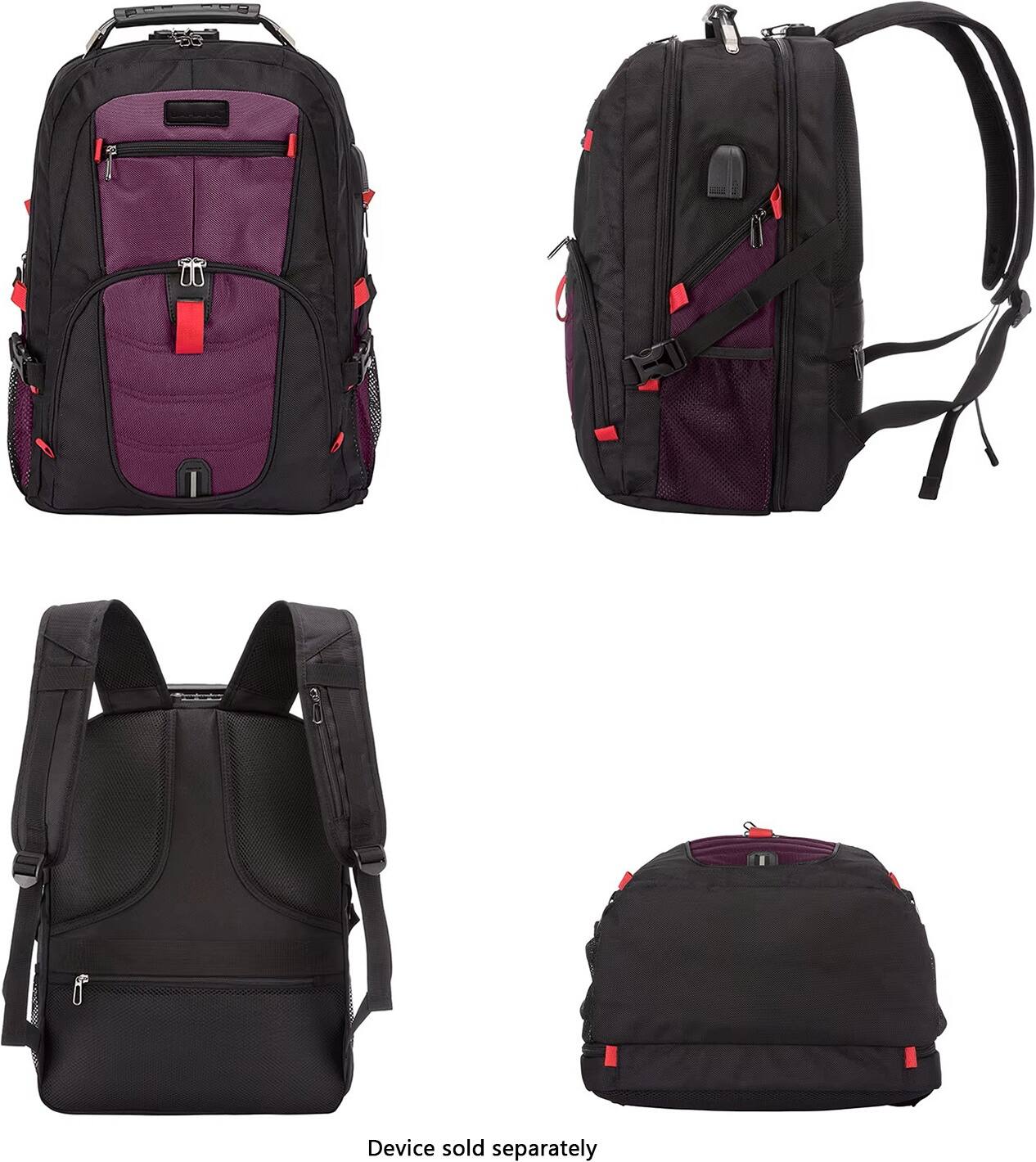 The image shows four different styles of backpacks, with each backpack having a unique design. The backpacks are displayed in a way that highlights their distinct features, making it easy for potential buyers to compare and choose the one that best suits their needs. The text "Device sold separately" suggests that the backpacks do not come with any additional devices, and that these devices need to be purchased separately.