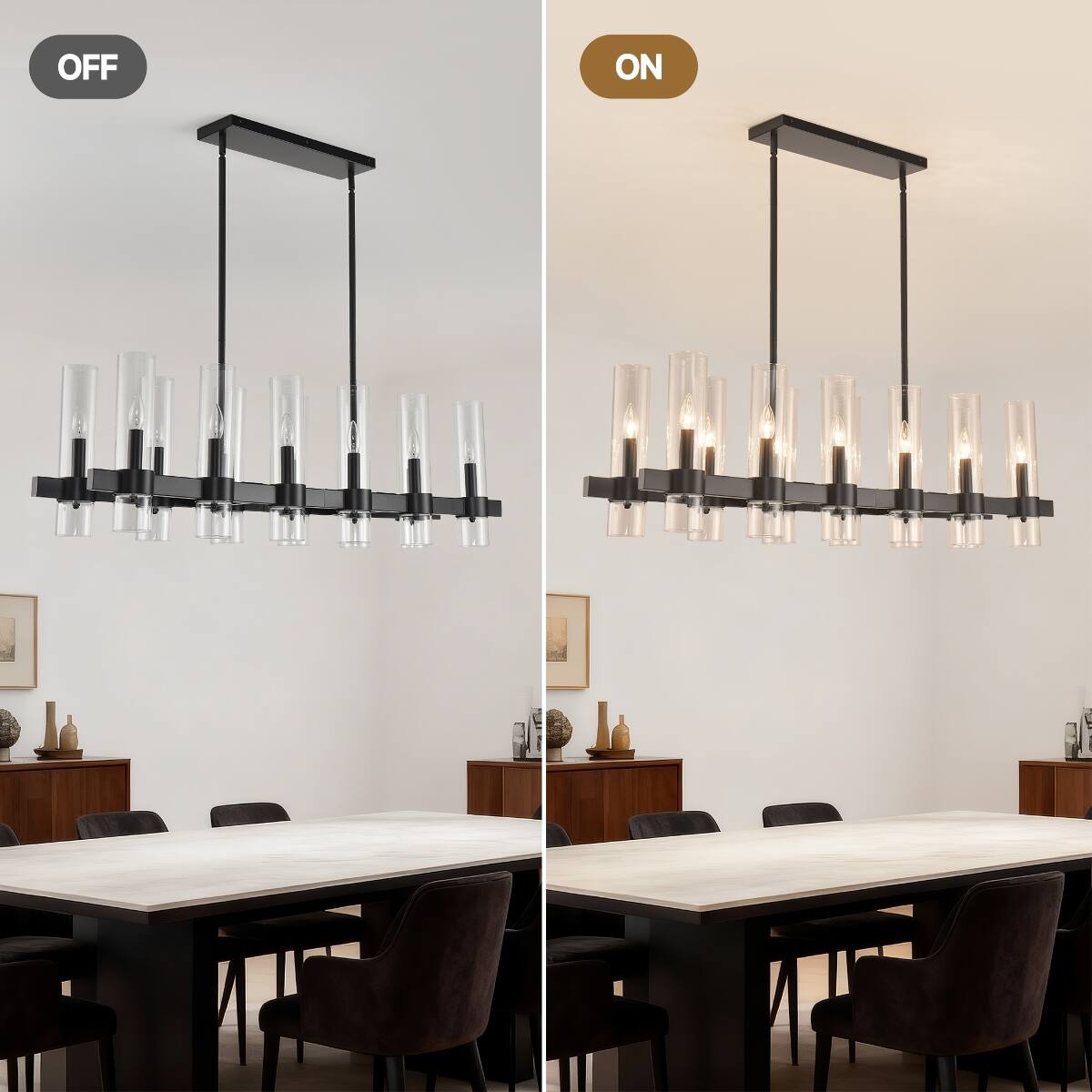 Alt View 4. Loheer - Loheer Modern Farmhouse Chandelier with Clear Glass Shades, Matte Black Linear Pendant for Dining Room or Kitchen Island.