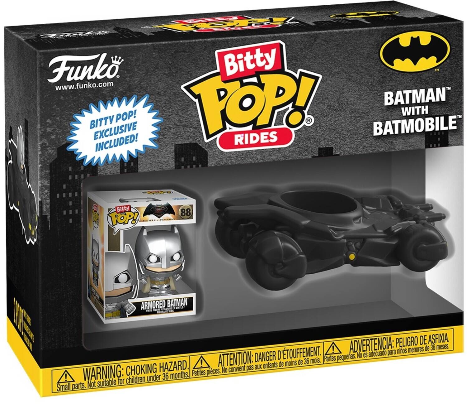Ee YO 1O FR Funko. Bitty POP! BATMAN WITH BITTY BATMOBILE EXCLUSIVE RIDES INCLUDED! Bitty POP! 88 ARMORED BATMAN E PELIGRO DE ASFIXIA. DANGER D'ETOUFFEMENT. ADVERTENCIA: adecuado para niños menores de 36 meses. ATTENTION: aux enfants de moins de 36 mois. WARNING: CHOKING HAZARD. Partes pequeñas. No es adecuado para niños menores de 36 meses. Small parts. Not suitable for children under 36 months.