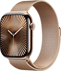Angle. Apple - Apple Watch Series 10 (GPS+Cellular) 46mm Titanium Case with Gold Milanese Loop - M/L - Gold.