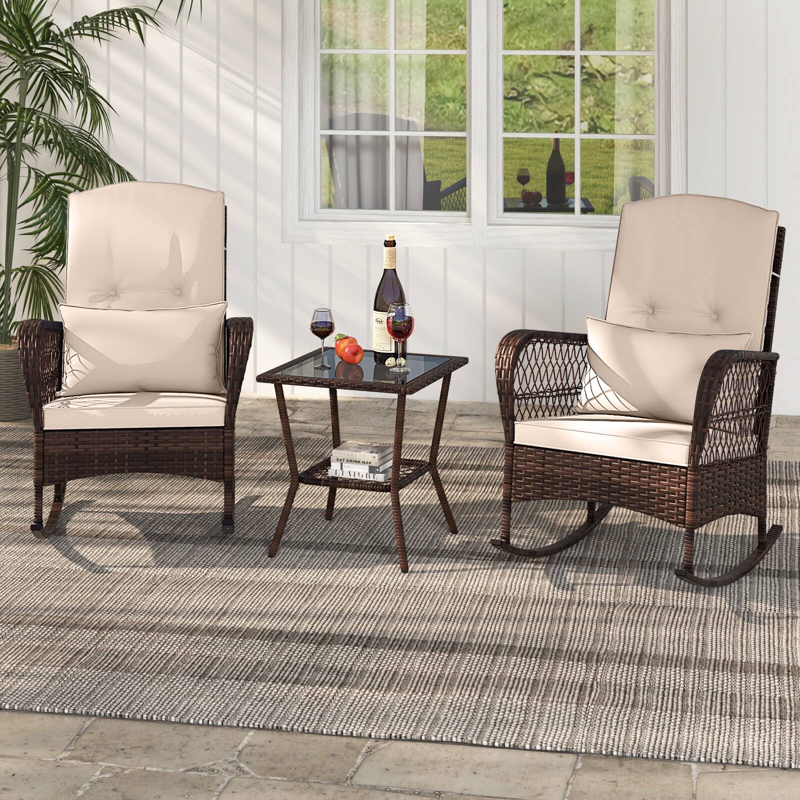 Alt View 1. Gymax - Gymax 3 Pieces Rocking Bistro Set PE Rattan Rocking Chairs w/ 2-Tier Coffee Table Mix Brown - Mix Brown, Beige.