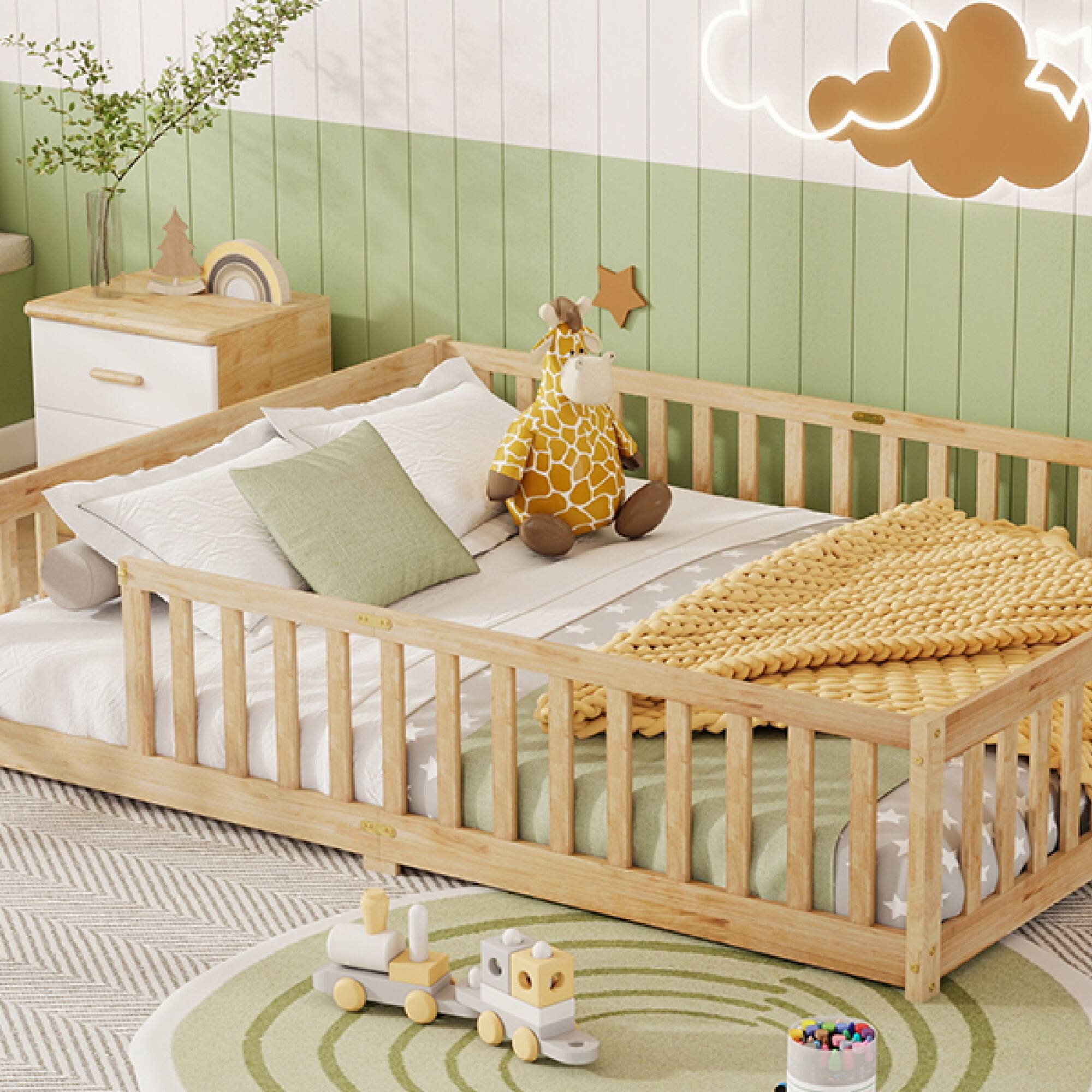 Alt View 6. GOODSILO - Queen Size Low-Profile Platform Bed with Safety Guardrails and Entry Door for Secure Sleeping Space - Natural.