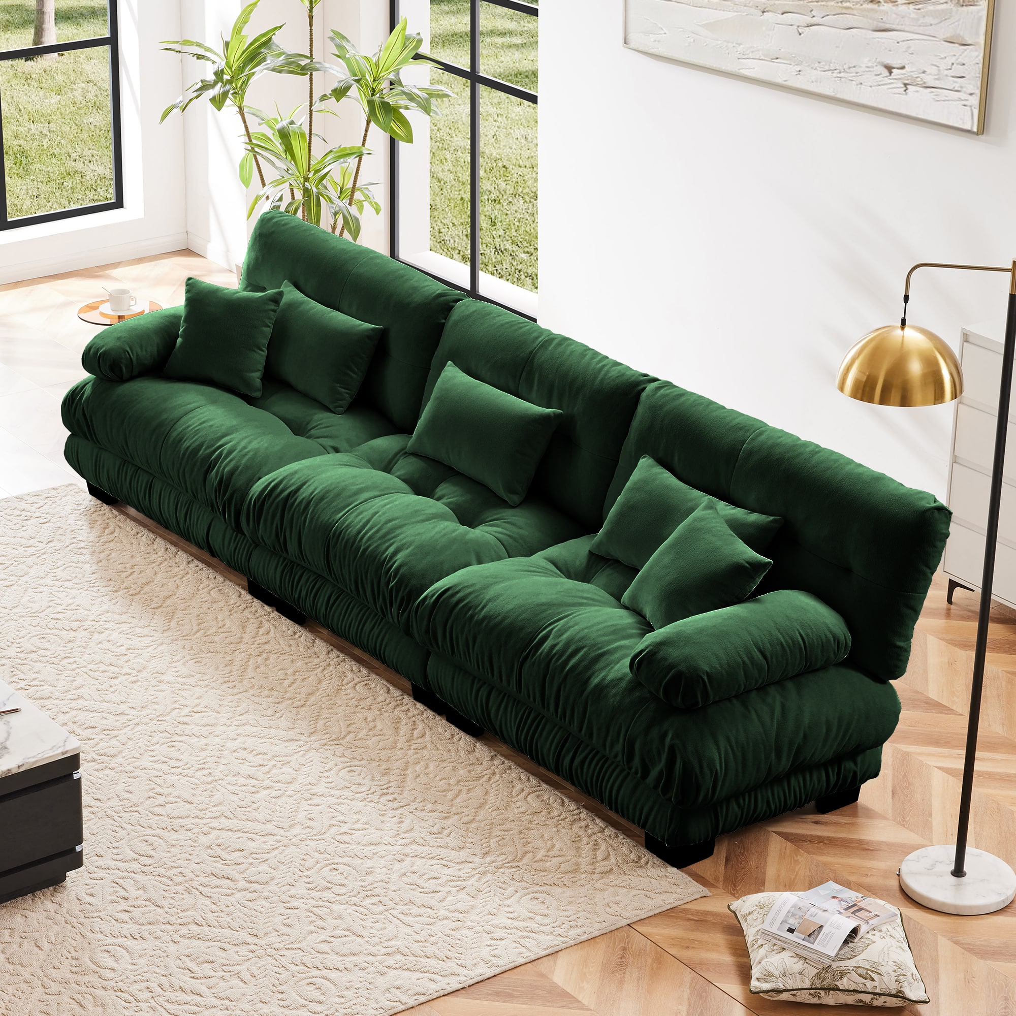DOMETOUR - 3-Seater Sectional Sofa Modular Deep Seat Sofa Couch , Chenille Sofa Soft Comfy Upholstered Furniture for Living Room - Chenille Green