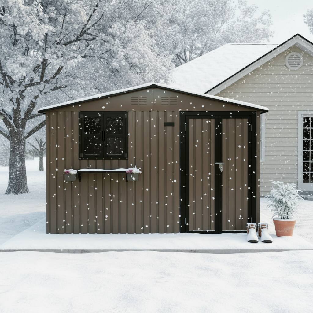 Back. Anysun - 10x8 FT Outdoor Metal Storage Shed with Window & Flower Rack – Lockable Double Doors Tool Shed, Waterproof Weatherproof - Brown.