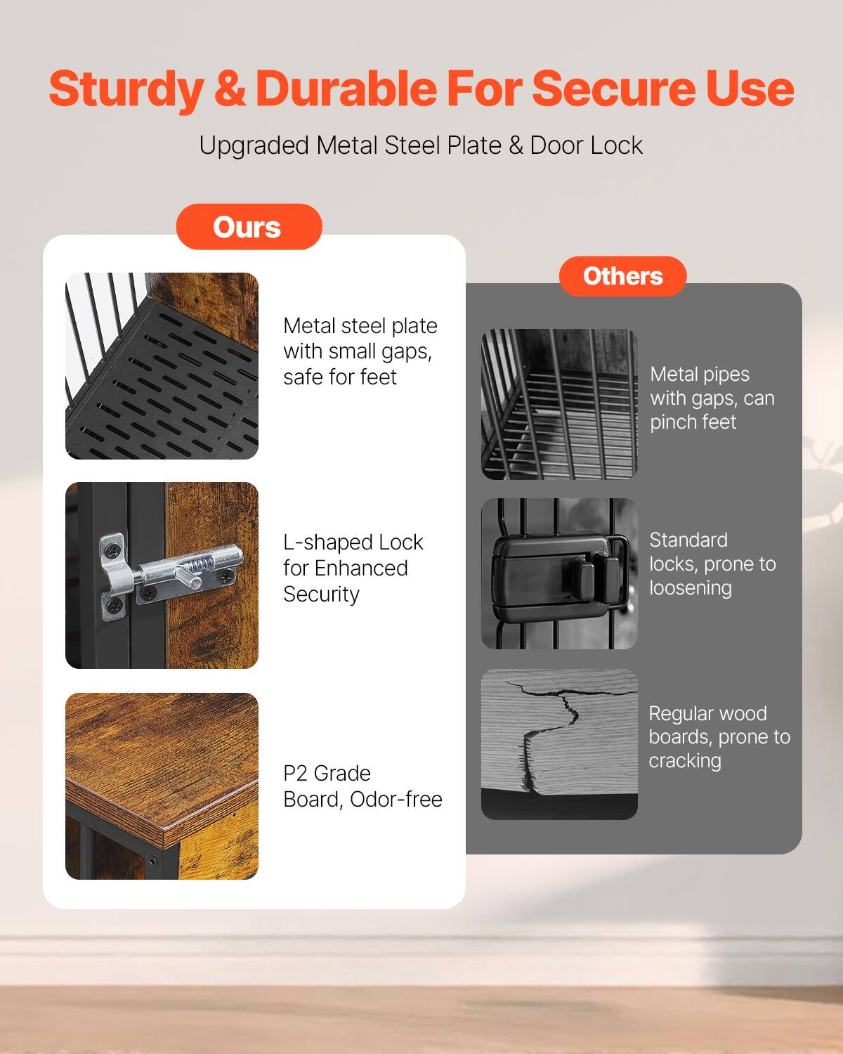 Sturdy & Durable For Secure Use

Upgraded Metal Steel Plate & Door Lock

**Ours**

- Metal steel plate with small gaps, safe for feet
- L-shaped Lock for Enhanced Security
- P2 Grade Board, Odor-free

**Others**

- Metal pipes with gaps, can pinch feet
- Standard locks, prone to loosening
- Regular wood boards, prone to cracking