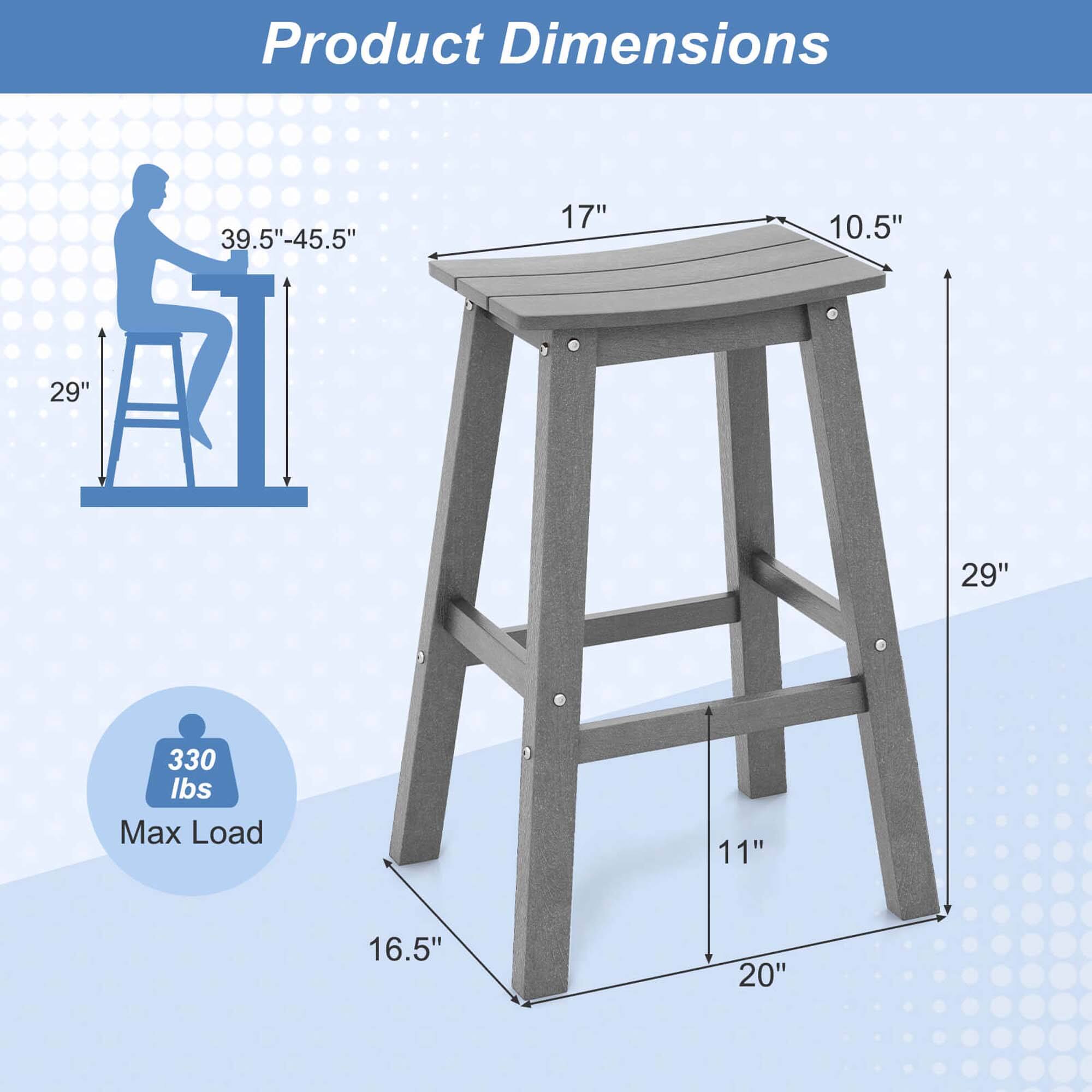 Product Dimensions: 17", 10.5", 39.5"-45.5", 29", 29", 11", 16.5", 20"

Max Load: 330 lbs