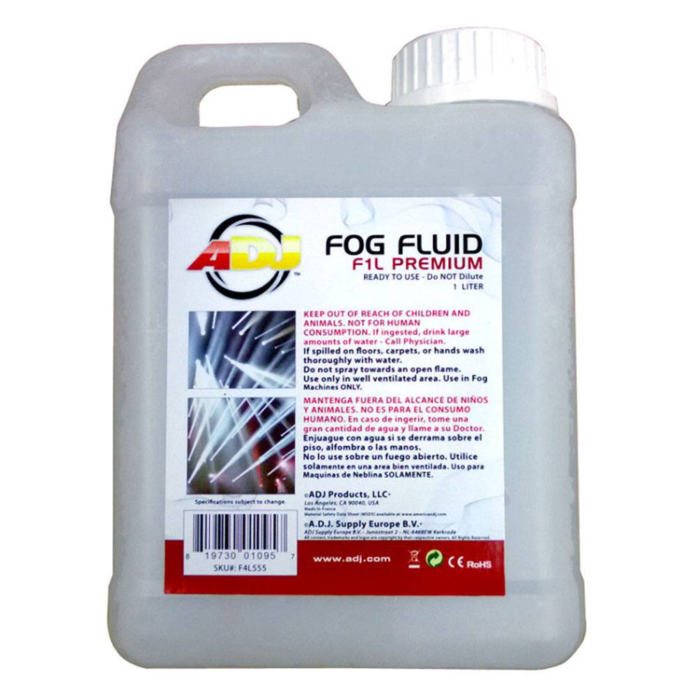 **FOG FLUID F1L PREMIUM**  
READY TO USE - DO NOT DILUTE  
1 LITER  

**KEEP OUT OF REACH OF CHILDREN AND ANIMALS. NOT FOR HUMAN CONSUMPTION.**  
If ingested, drink large amounts of water and call physician.  
If spilled on floors, carpets, or hands, wash thoroughly with water.  
Do not spray towards an open flame. Use only in well ventilated area. Use in Fog Machines ONLY.  

**MANTENGA FUERA DEL ALCANCE DE NIÑOS Y ANIMALES. NO ES PARA EL CONSUMO HUMANO.**  
En caso de ingerir, tome una gran cantidad de agua y llame a su Doctor.  
Enjuague con agua si se derrama sobre el piso, alfombra o las manos.  
No lo use sobre un fuego abierto. Utilice solamente en una área bien ventilada. Use para Máquinas de Nebulización SOLAMENTE.  

**ADJ Products, LLC - Los Angeles, CA 90040, USA**  
**ADJ Supply Europe B.V.**  
**www.adj.com**  
**RoHS