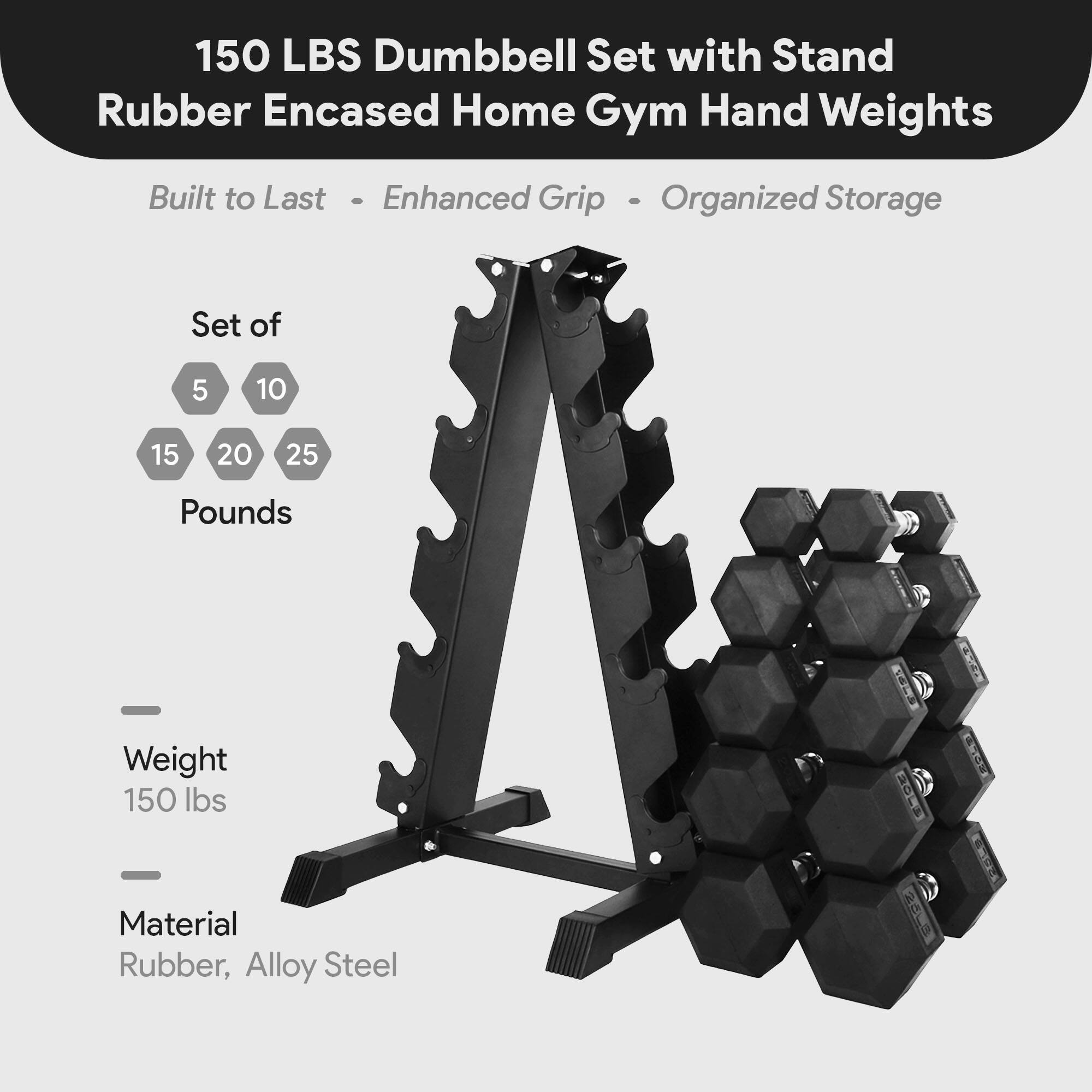 150 LBS Dumbbell Set with Stand  
Rubber Encased Home Gym Hand Weights  

Built to Last - Enhanced Grip - Organized Storage  

Set of  
5 10  
15 20 25  
Pounds  

Weight  
150 lbs  

Material  
Rubber, Alloy Steel