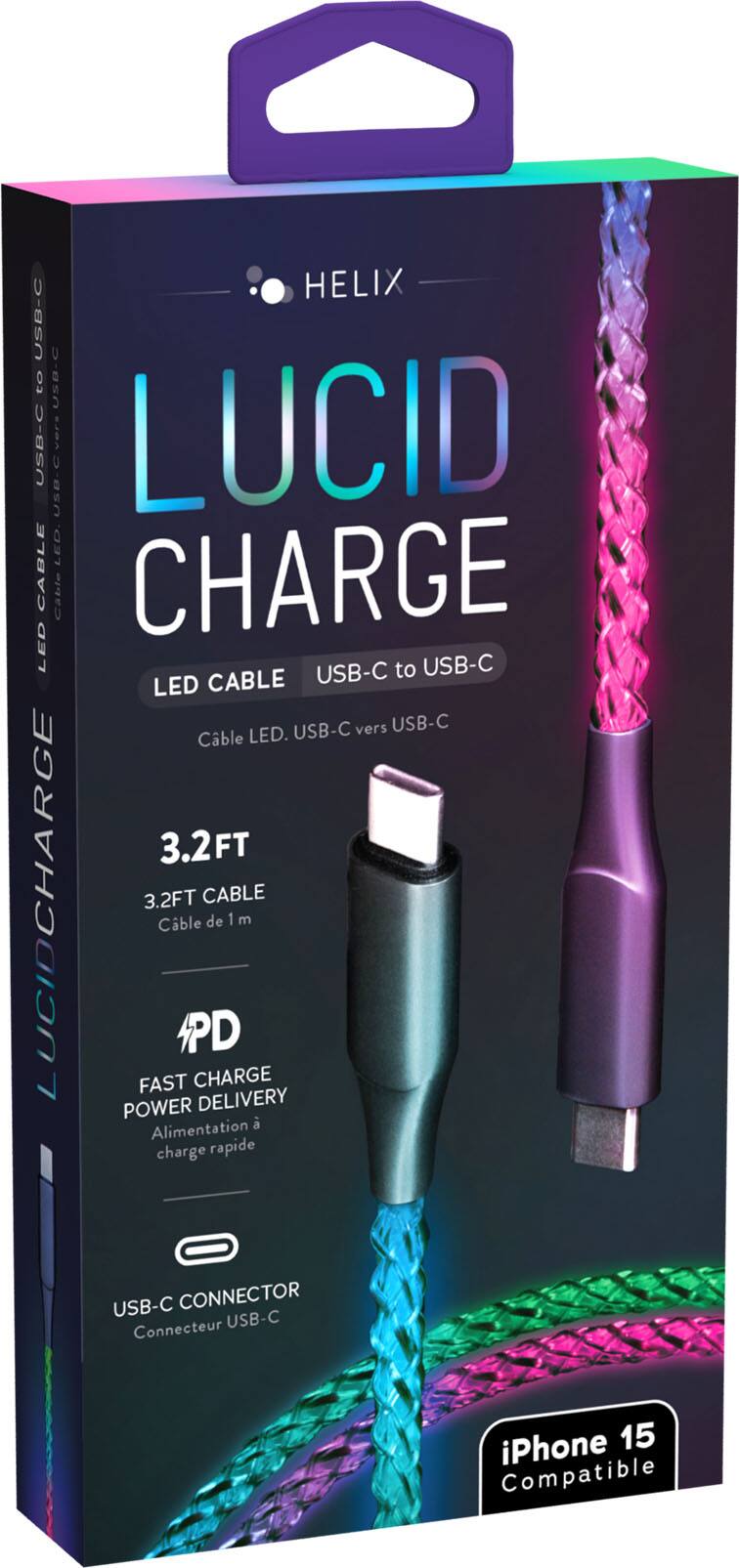 The text on the image is already grouped and correctly written. It reads: "HELIX USB-C to USB-C USB-C Vers LUCID USB.Cver LED CABLE Cable LED USB-C to USB-C LED CABLE USB-C vers USB-C Cable LED. 3.2FT LUCIDCHARGE 3.2FT CABLE Cble de 1 m 4PD FAST CHARGE POWER DELIVERY Alimentation charge rapide USB-C CONNECTOR Connecteur USB-C iPhone 15 Compatible."