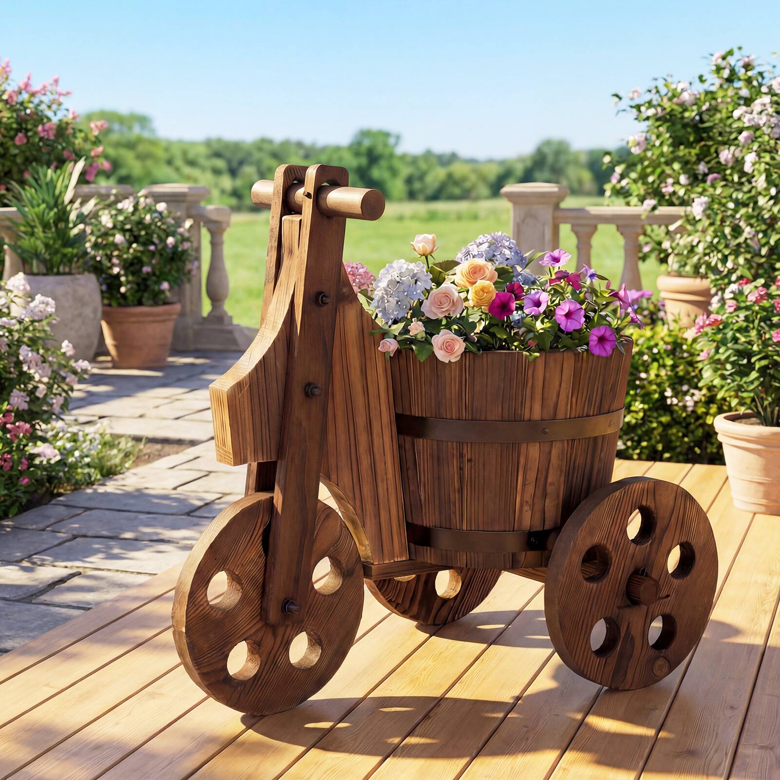 Alt View 4. Gymax - Gymax Rustic Wood Tricycle Planter w/Barrel Pot & Drainage for Patio Balcony Garden - Brown.