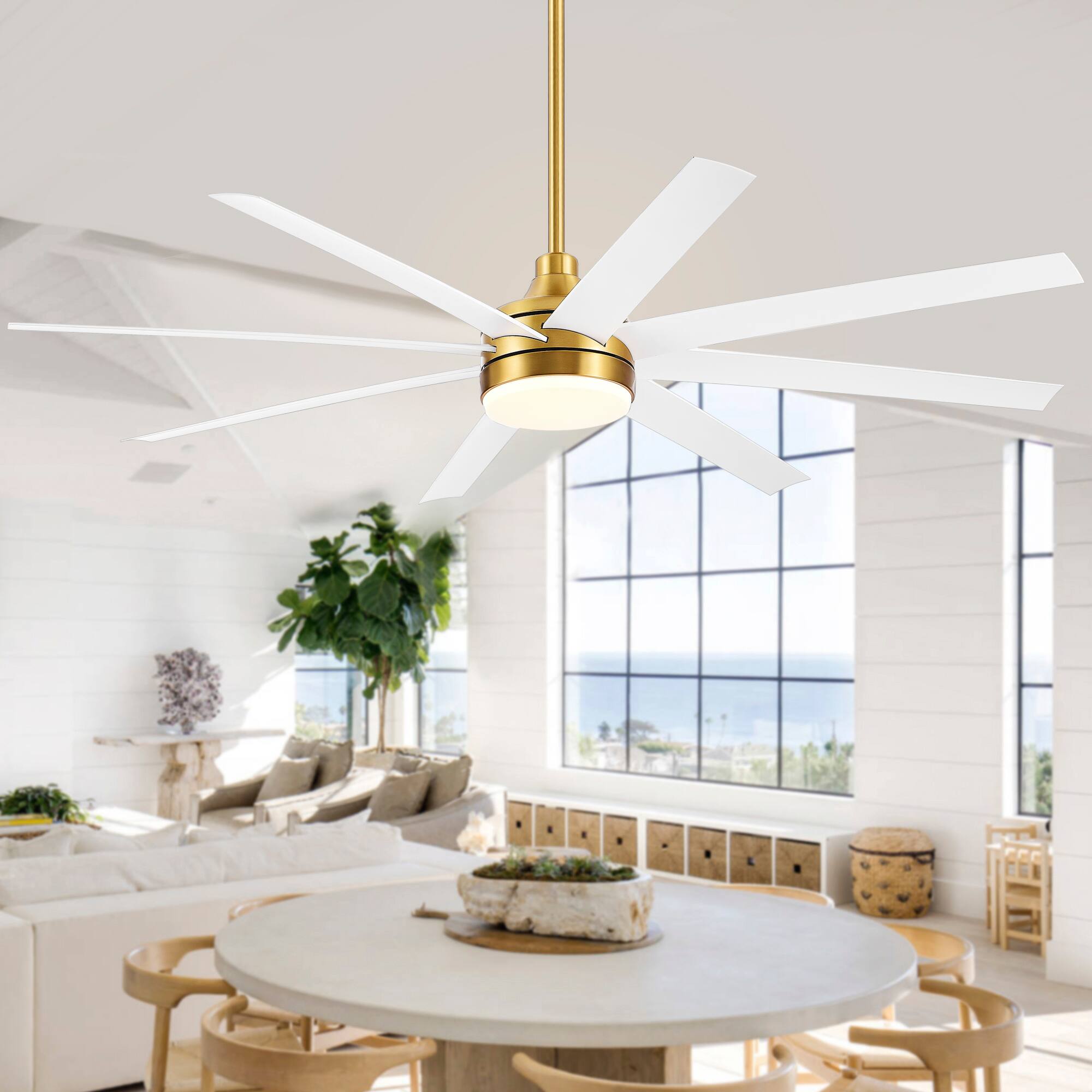 Alt View 1. Breezary - 65-Inch Ceiling Fan with 8 ABS Blades, 6-Speed DC Motor, Remote Control with Timer, 2 Downrods, Light/No-Light Options - Gold and White (With Light).