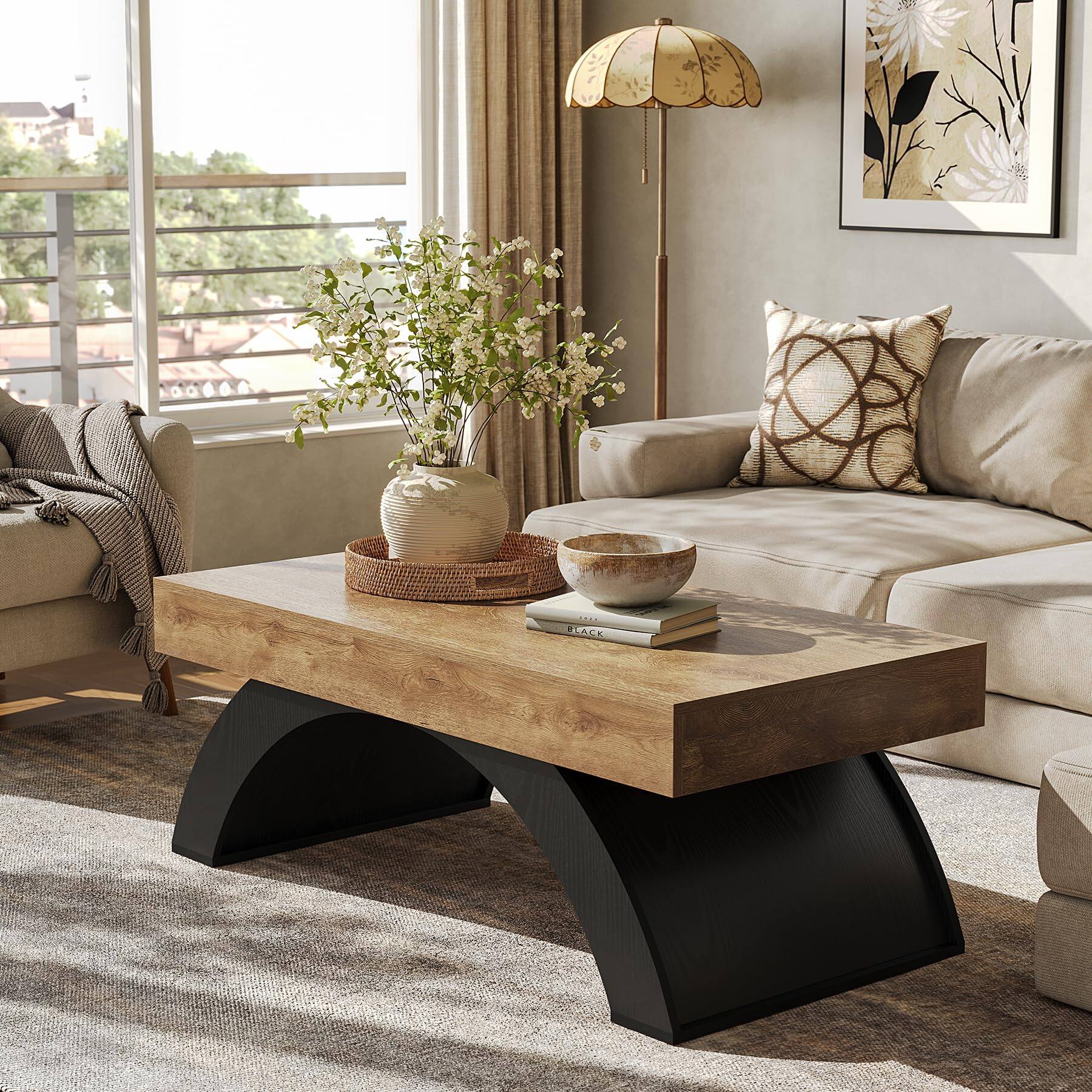 Left. Tribesigns - LITTLE TREE Modern Coffee Table, 47” Living Room Table, Rectangle Coffee Table with Artistic Arched Base, Wood Center Ta - Brown & Black.