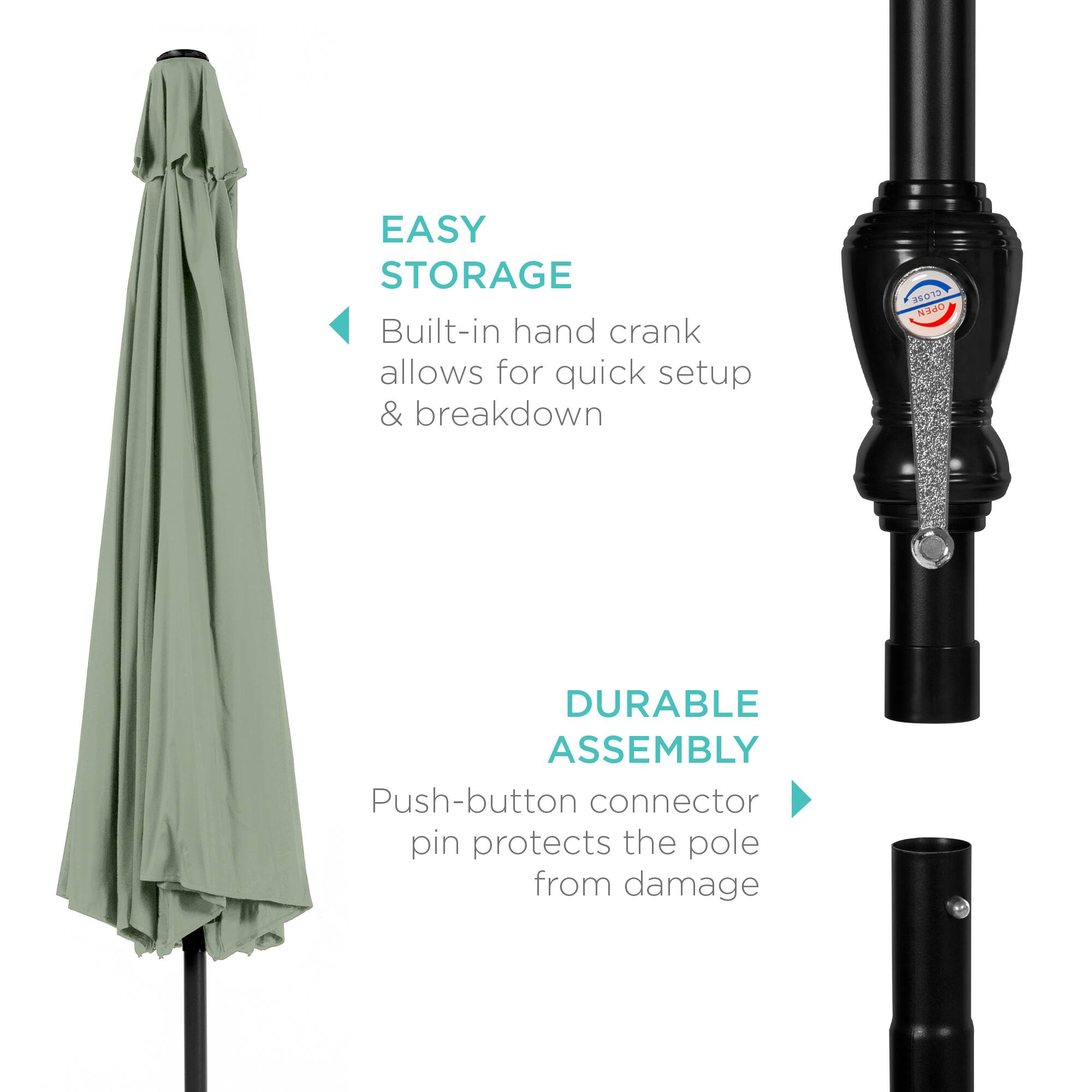 EASY STORAGE: Built-in hand crank allows for quick setup & breakdown.

DURABLE ASSEMBLY: Push-button connector pin protects the pole from damage.
