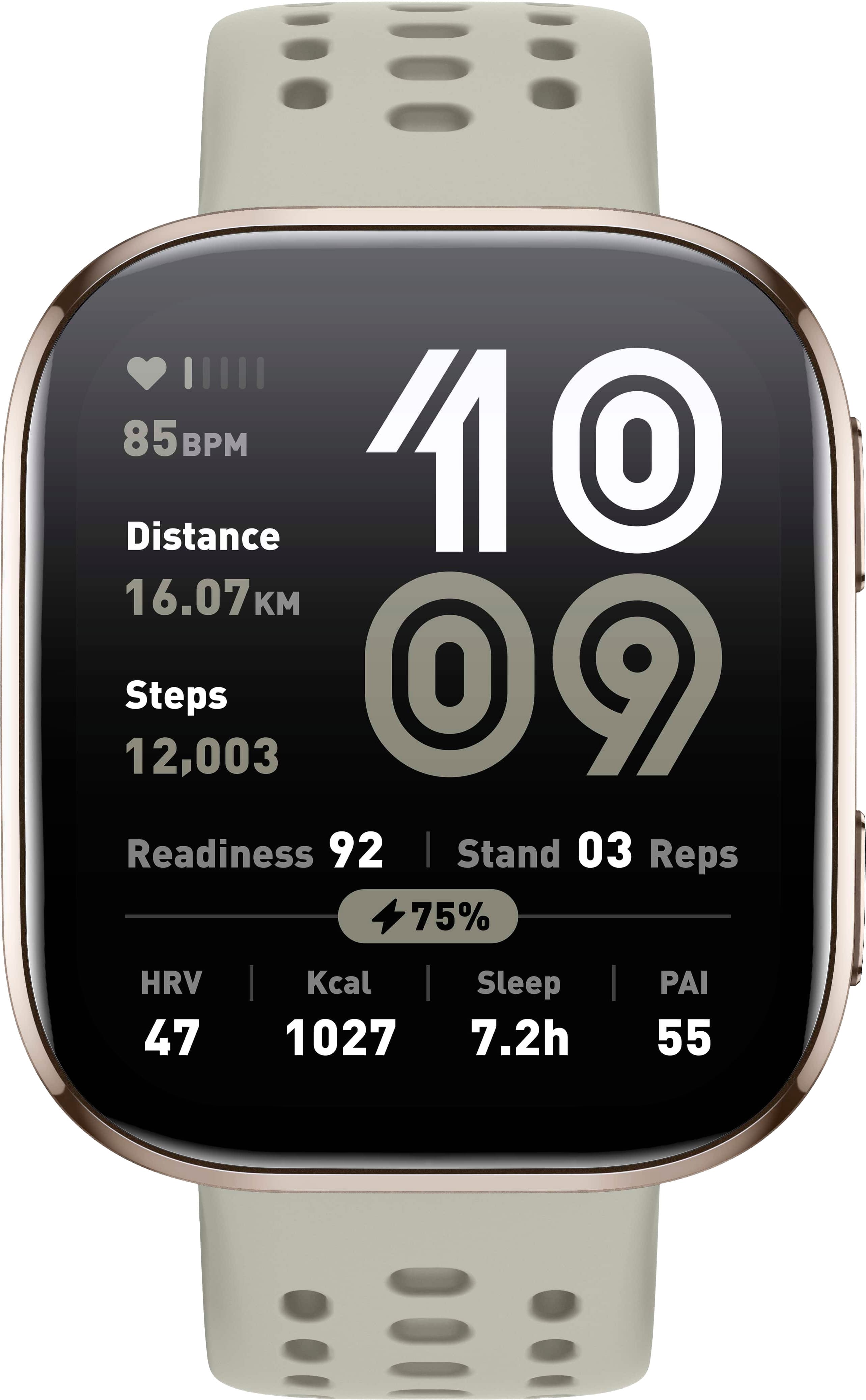 The text on the image reads: "85M BPM 10 Distance 16.07 KM Steps 12,003 Readiness 92 I Stand 03 Reps 75% HRV I Kcal Sleep PAI 47 1027 7.2h 55."