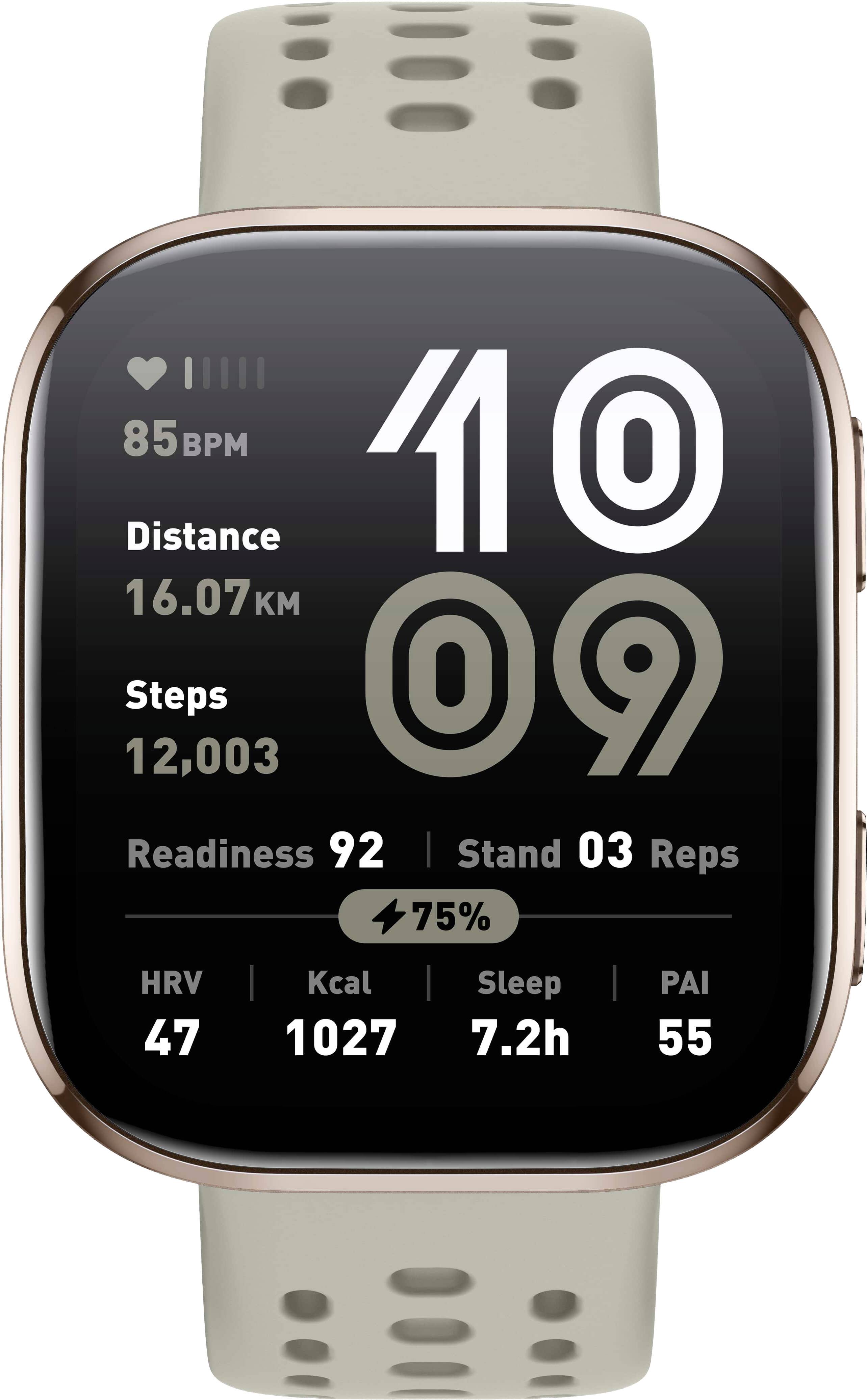The text on the image reads: "85M BPM 10 Distance 16.07 KM Steps 12,003 Readiness 92 I Stand 03 Reps 75% HRV I Kcal Sleep PAI 47 1027 7.2h 55."