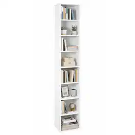 Gymax - 71 Inches Tall Narrow Bookshelf 8-Tier Slim Bookcase w/ 4 Adjustable Shelves - White