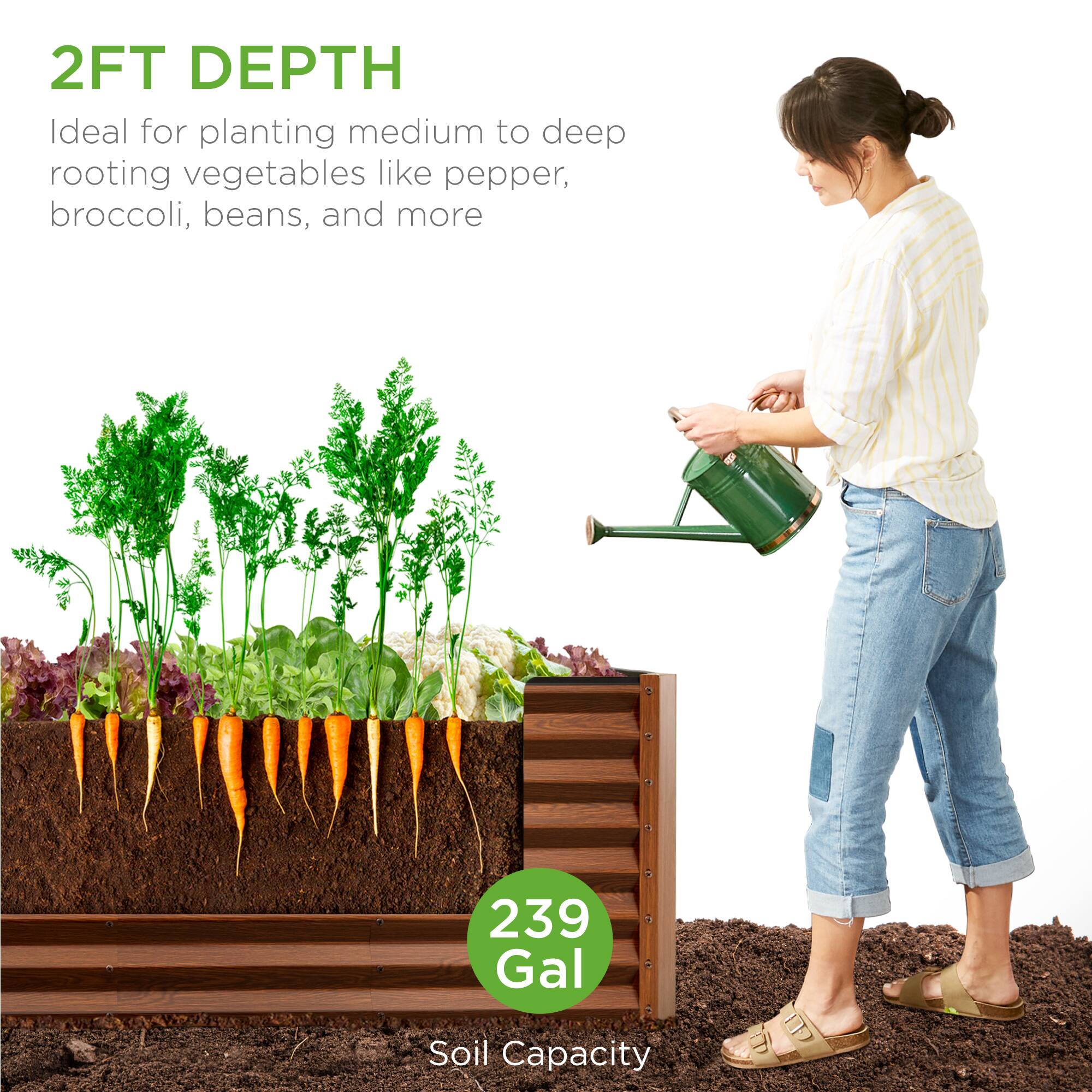 2FT DEPTH  
Ideal for planting medium to deep rooting vegetables like pepper, broccoli, beans, and more  

239 Gal  
Soil Capacity