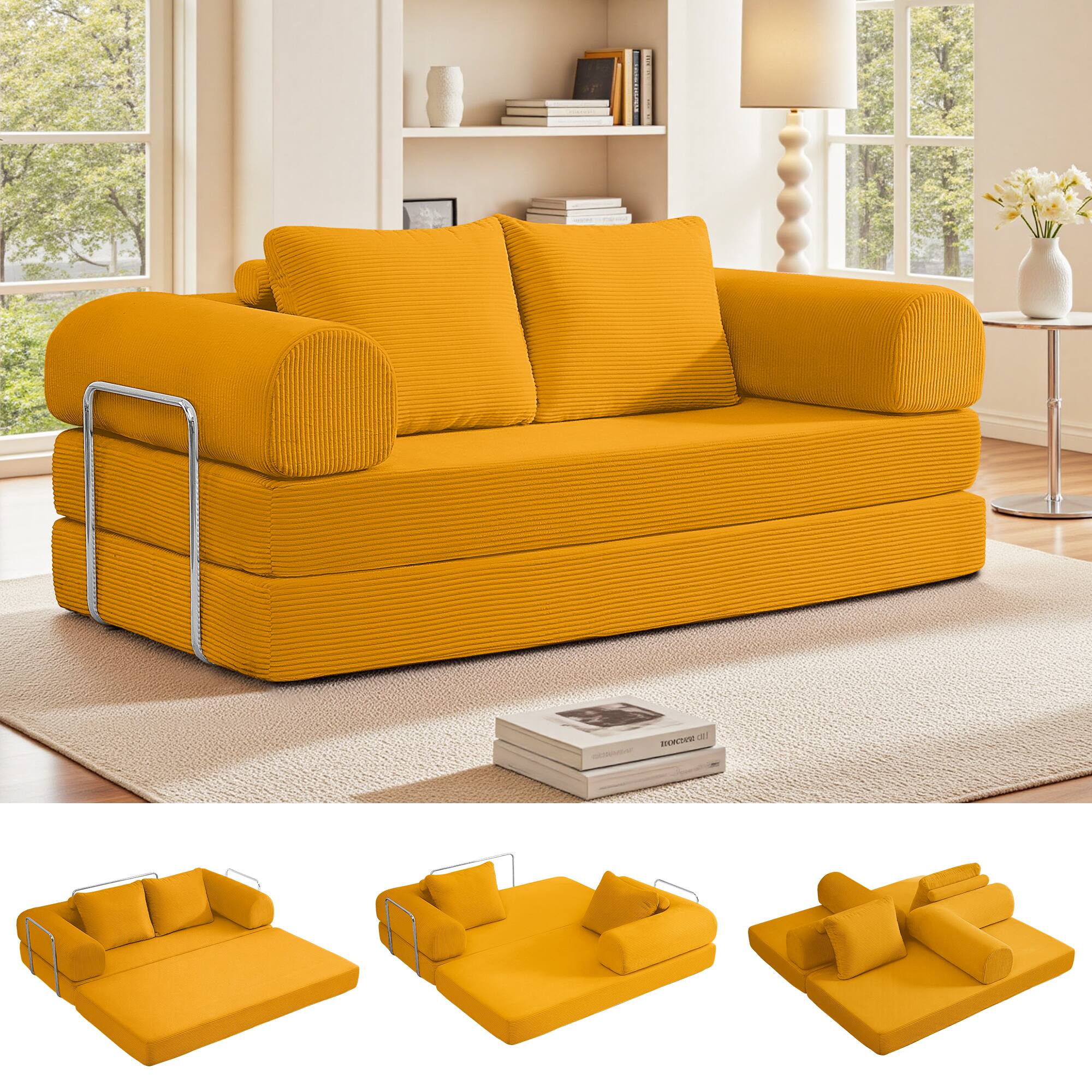 Alt View 4. KERDOM - 3-4 Person Sectional Sofa 78'' W, Foldable Modular Corduroy Combination Couch Bed for Apartment, No Assembly Required - Ginger Yellow.