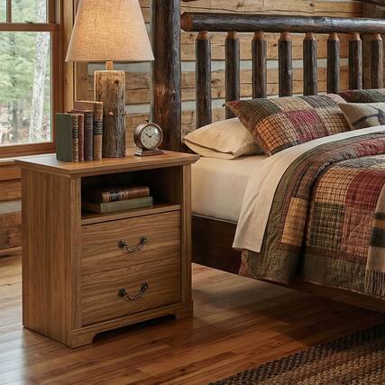 Front. Vaczon - Rustic Walnut Nightstand Bedside Table with Open Shelf and 2 Drawers - Walnut.