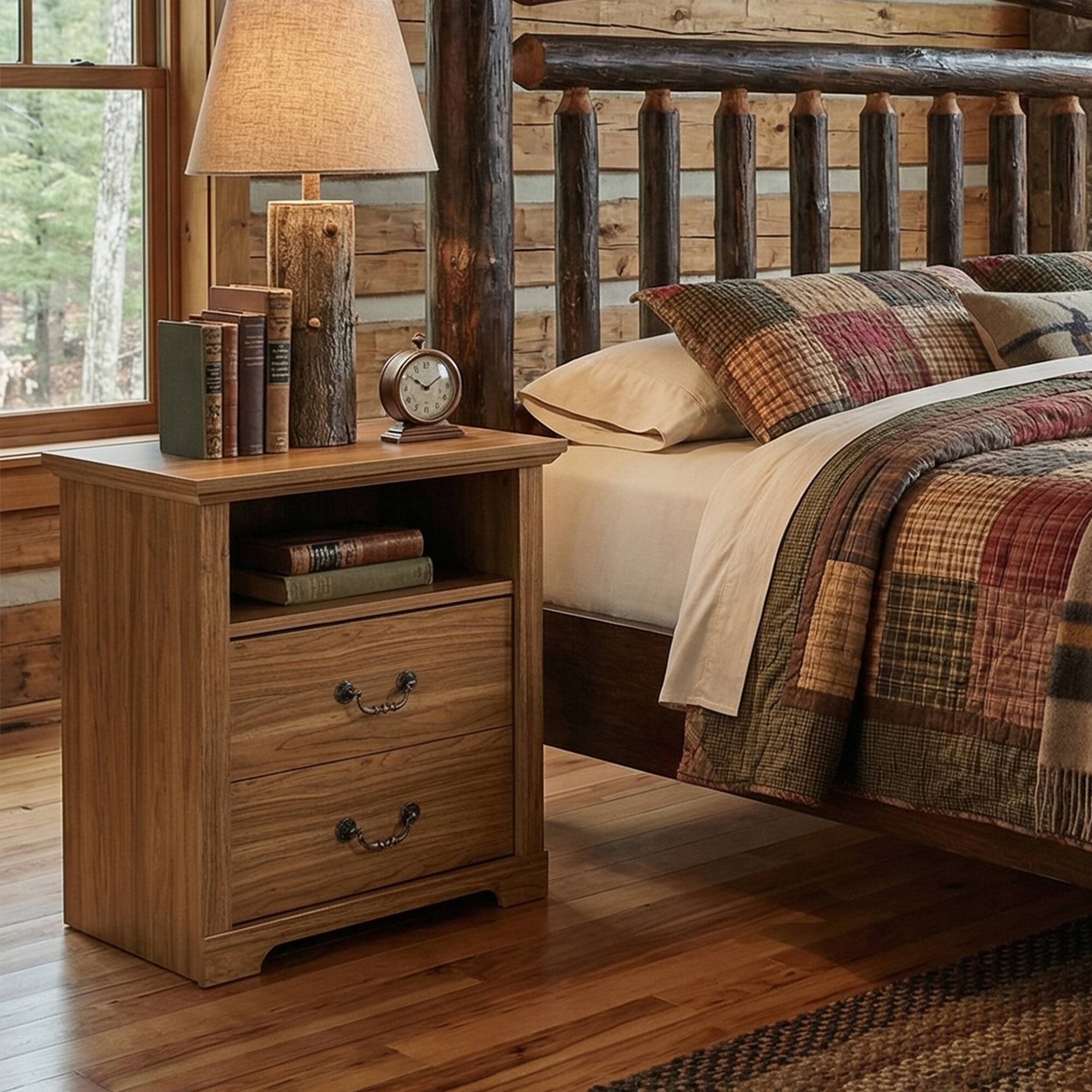 Front. Vaczon - Rustic Walnut Nightstand Bedside Table with Open Shelf and 2 Drawers - Walnut.