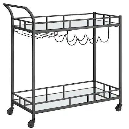 Front. Songmics Home - Bar Cart Gold, Home Bar Serving Cart, Wine Cart with 2 Mirrored Shelves, Wine Holders, Glass Holders, for Kitchen - Black.