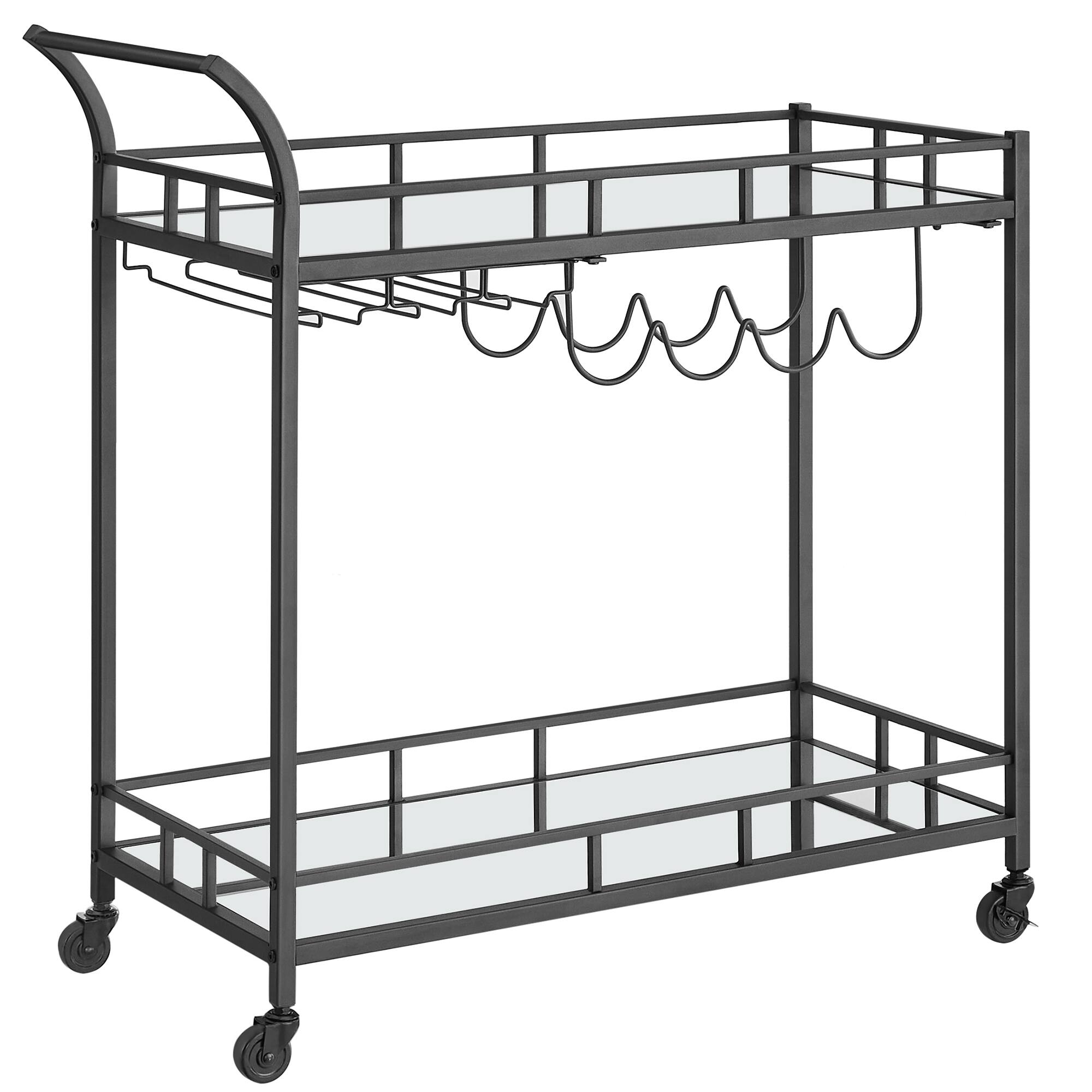 Front. Songmics Home - Bar Cart Gold, Home Bar Serving Cart, Wine Cart with 2 Mirrored Shelves, Wine Holders, Glass Holders, for Kitchen - Black.