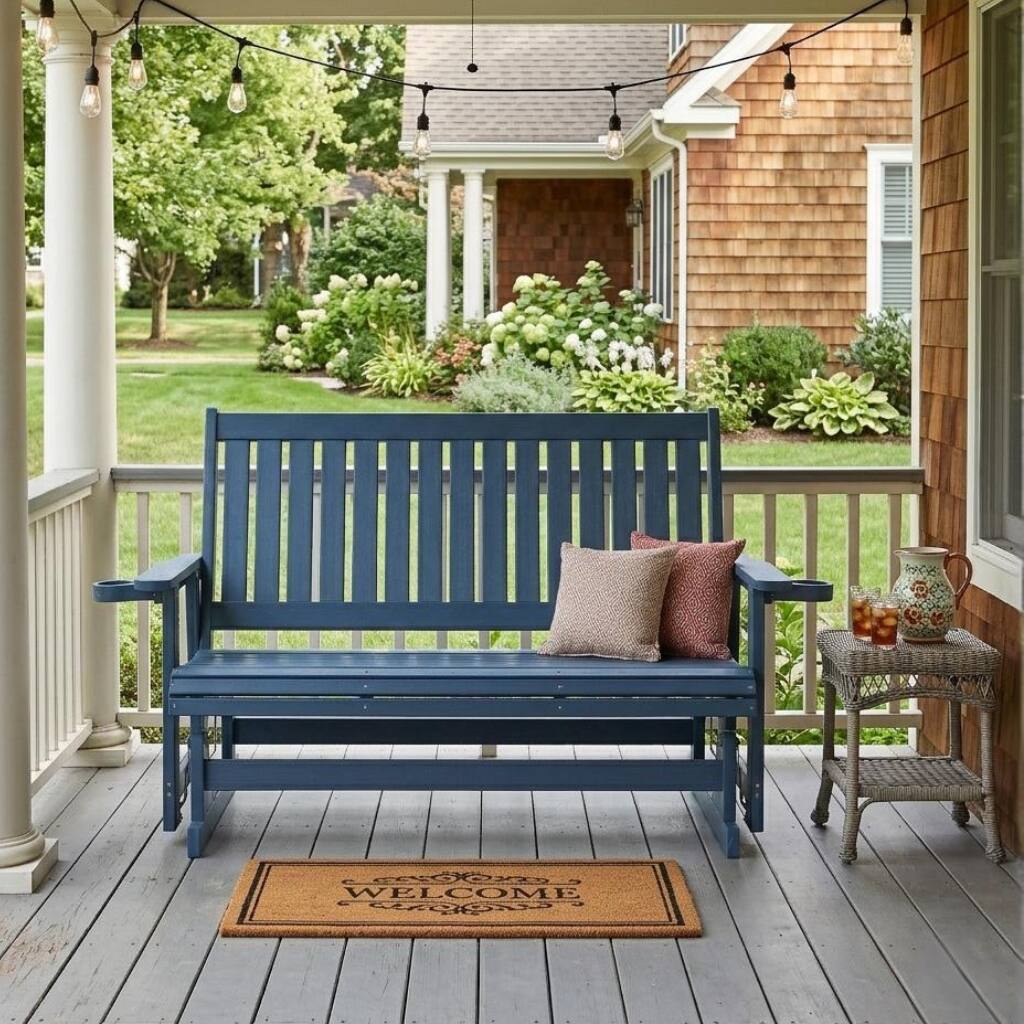 Angle. Fortune Candy - HIPS Patio Glider with Cup Holders, Sturdy & Durablel, All-Weather Resistant, for Outdoor, Porch, Patio（3-Seater） - Navy Blue.