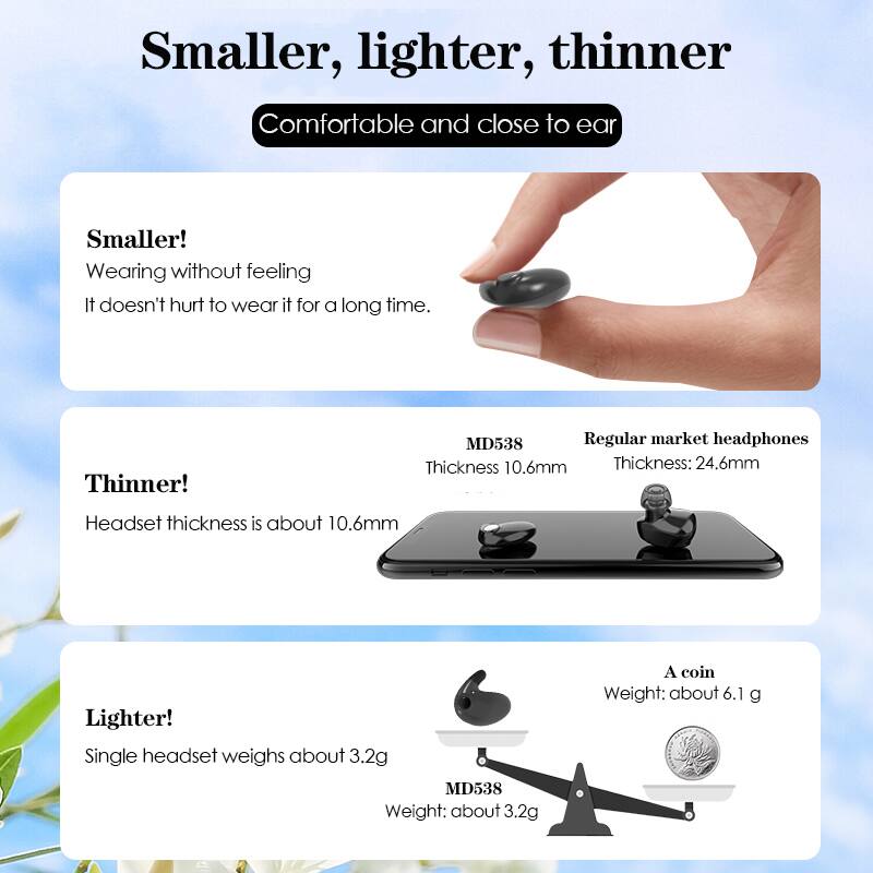 Smaller, lighter, thinner  
Comfortable and close to ear  

Smaller!  
Wearing without feeling  
It doesn't hurt to wear it for a long time.  

Thinner!  
Headset thickness is about 10.6mm  
MD538: Thickness 10.6mm  
Regular market headphones: Thickness 24.6mm  

Lighter!  
Single headset weighs about 3.2g  
MD538: Weight about 3.2g  
A coin: Weight about 6.1g