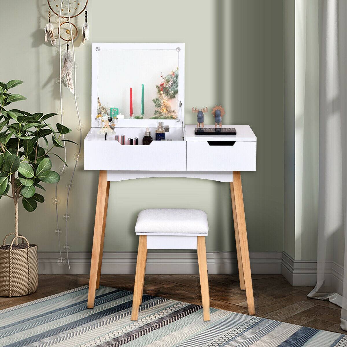 Alt View 3. Costway - Costway Vanity Makeup Table Cushioned Stool Set W/Flip Top Mirror &1 Drawer Writing Desk - White.