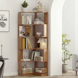 Kadyn - 6-Tier L-Shaped Corner Bookshelf, Wood Bookcase with Anti-Tip Device - Brown