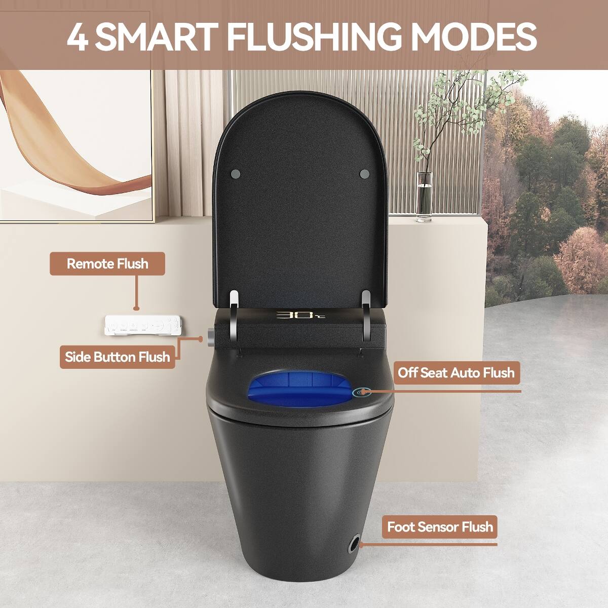 4 SMART FLUSHING MODES

- Remote Flush
- Side Button Flush
- Off Seat Auto Flush
- Foot Sensor Flush