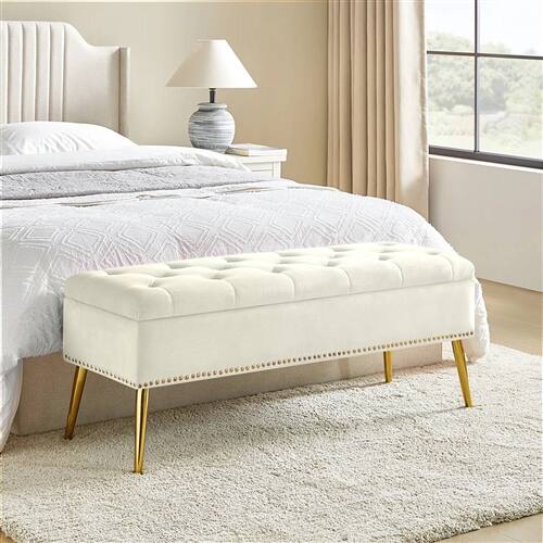 Back. SlickBlue - Velvet Upholstered Storage Bench for Bedroom with Mid-Century Modern Design - Ivory.