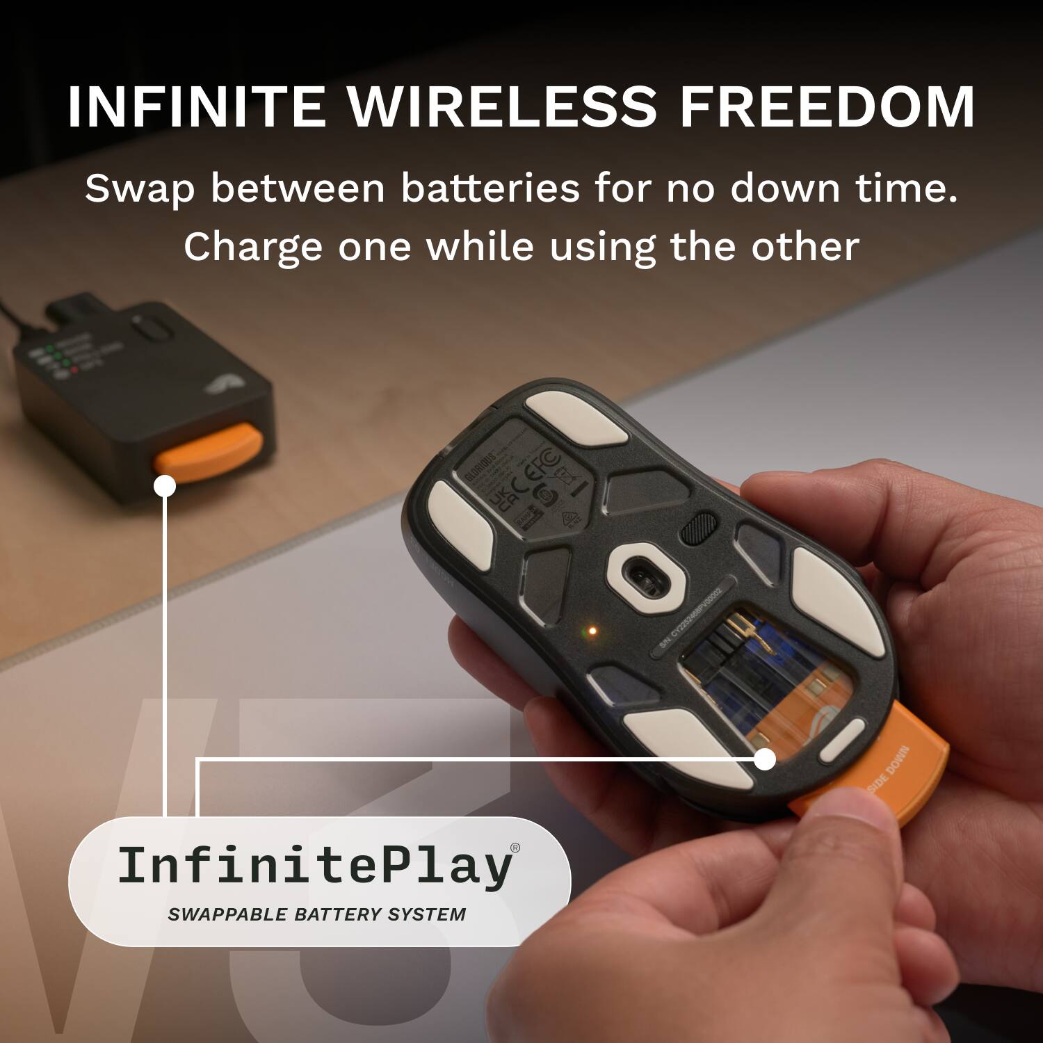 INFINITE WIRELESS FREEDOM  
Swap between batteries for no down time.  
Charge one while using the other  

InfinitePlay  
SWAPPABLE BATTERY SYSTEM