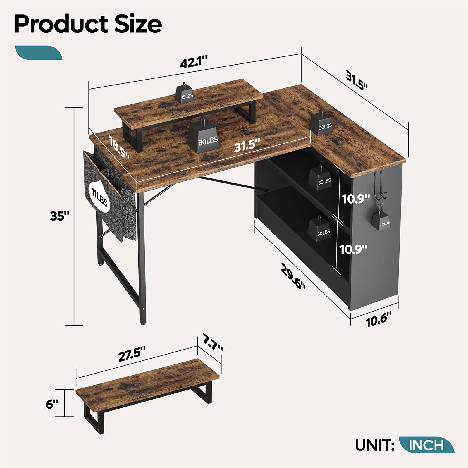 Product Size: 42.1" x 31.5" x 35" (10.7" x 8" x 8.1" UNIT: INCH)
