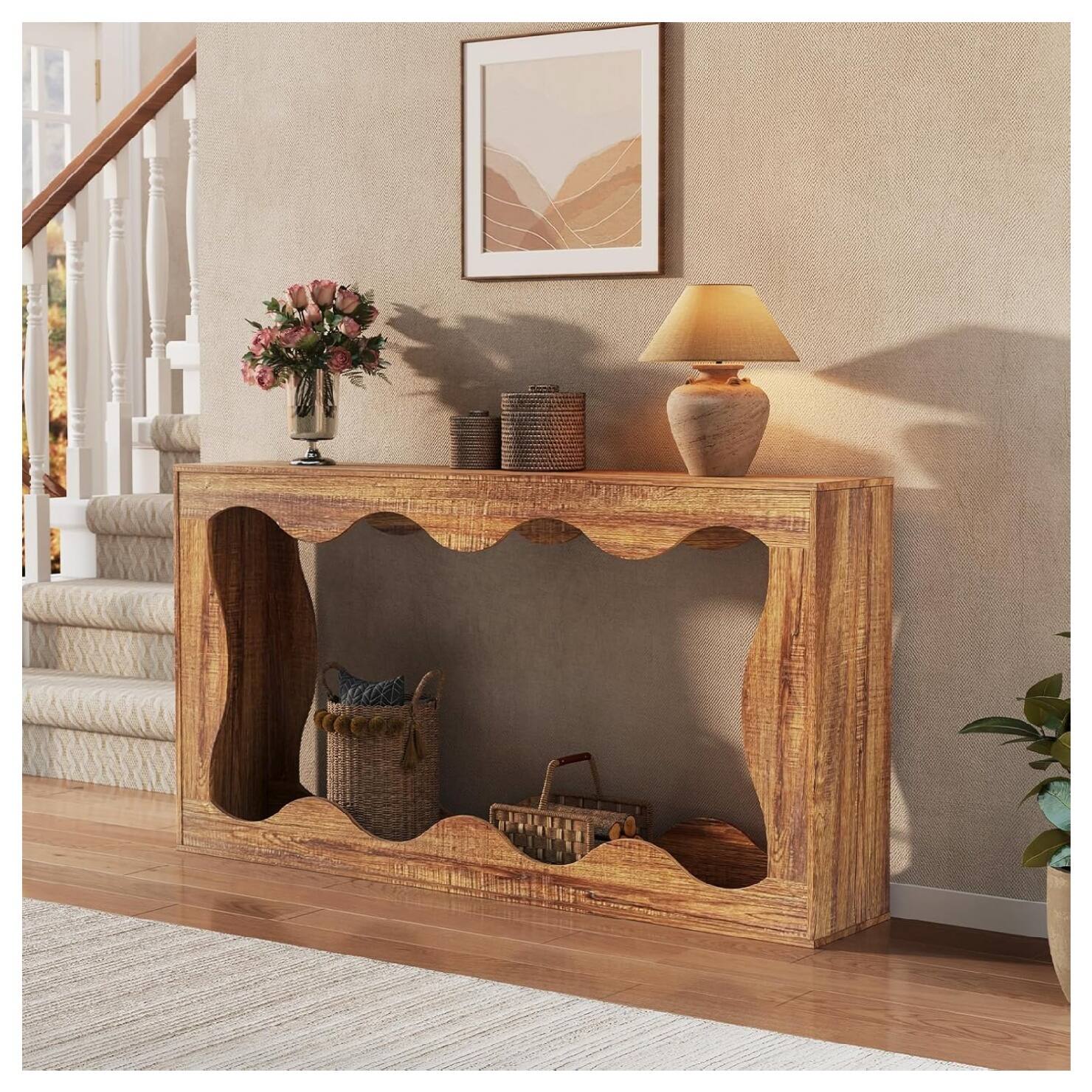 Front. Qeetex - 63" Console Table with Storage, Narrow Sofa Table for Entryway or Hallway, Long Behind Couch Table - BROWN.