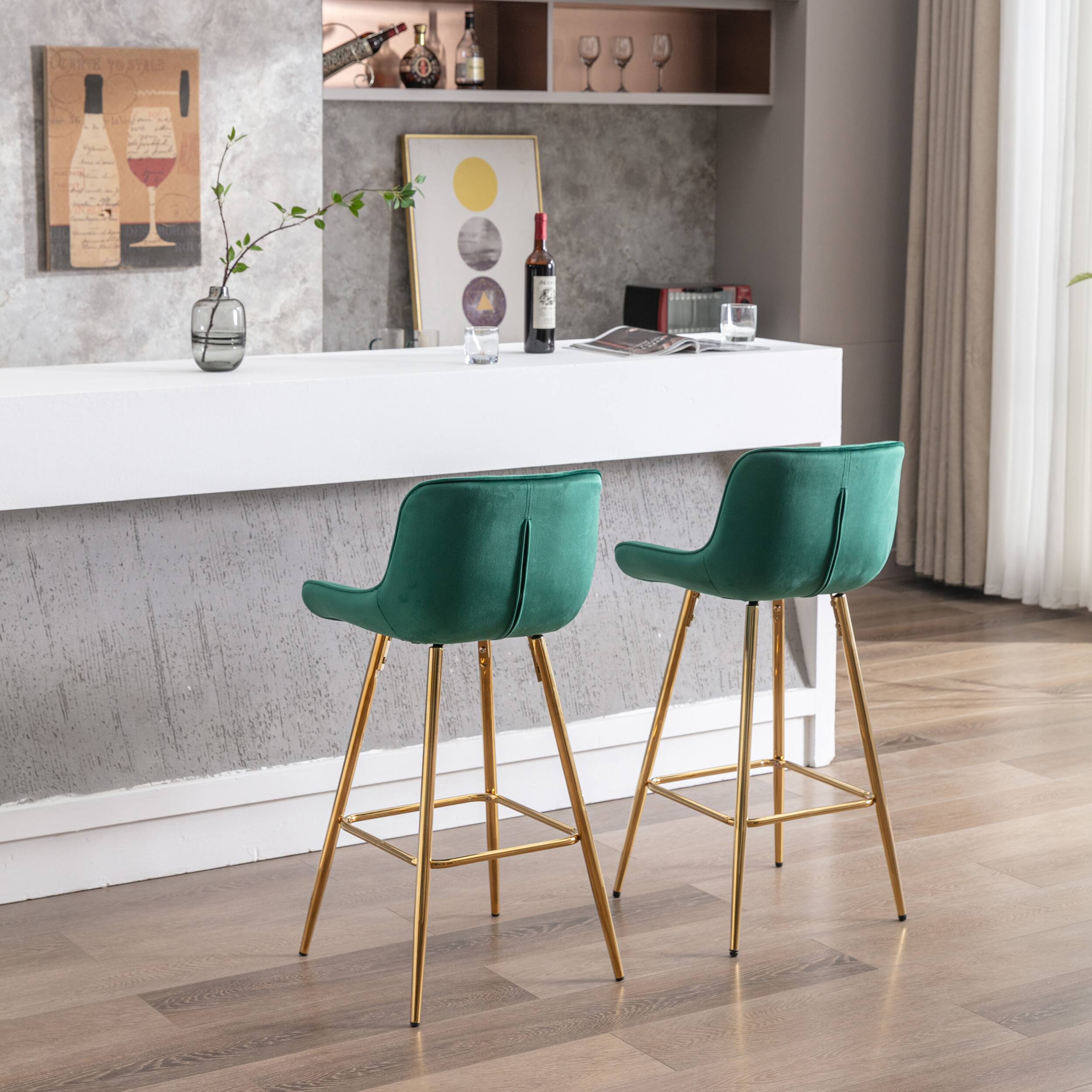 Angle. Trinkets Crazed - Velvet Bar Stools Set of 2, 26 Inch Modern Barstools with Back&Gold Legs, Counter Height Stools for Kitchen Island - Green.
