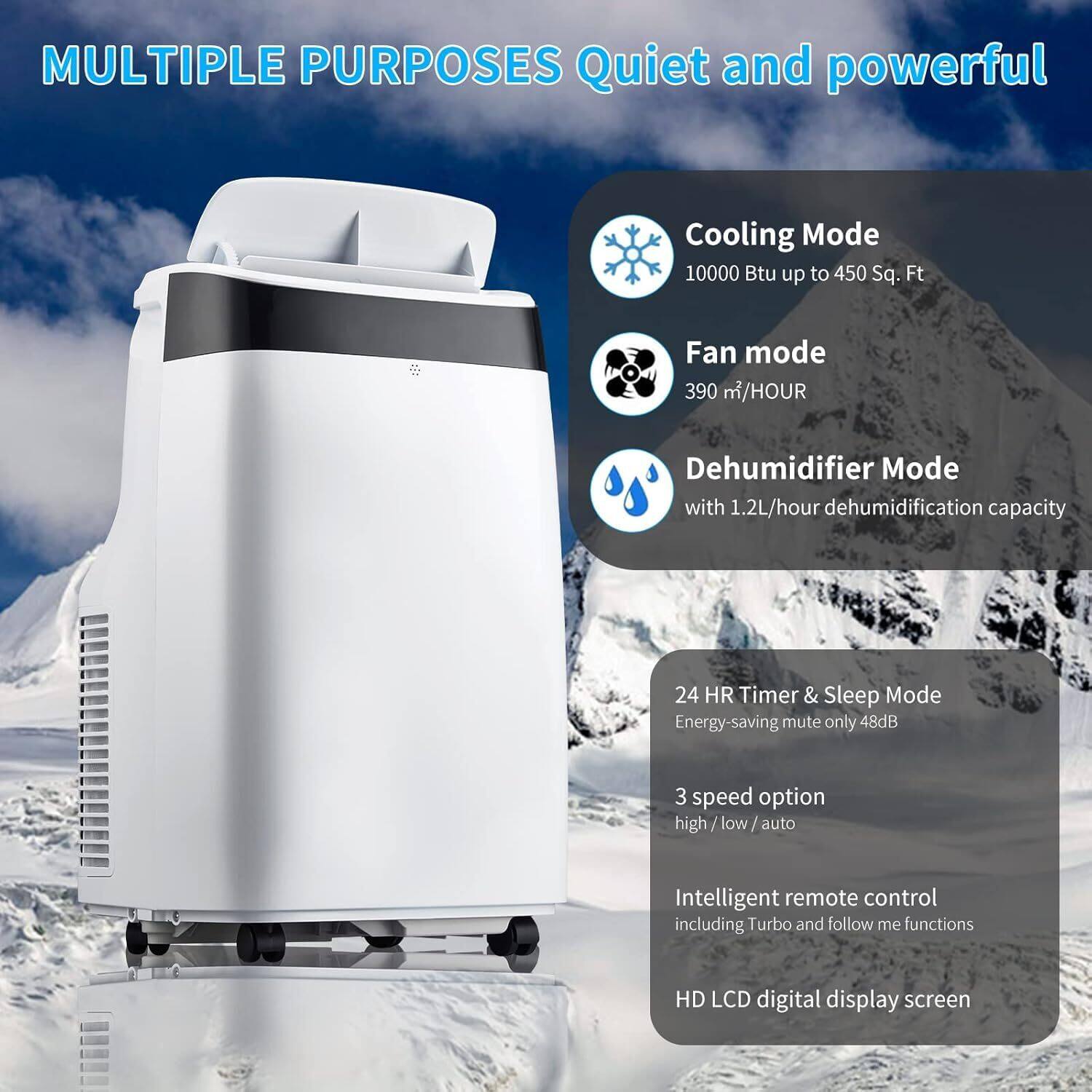 MULTIPLE PURPOSES  
Quiet and powerful  

- Cooling Mode  
  10000 Btu up to 450 Sq. Ft  

- Fan mode  
  390 m³/HOUR  

- Dehumidifier Mode  
  with 1.2L/hour dehumidification capacity  

- 24 HR Timer & Sleep Mode  
  Energy-saving mute only 48dB  

- 3 speed option  
  high / low / auto  

- Intelligent remote control  
  including Turbo and follow me functions  

- HD LCD digital display screen