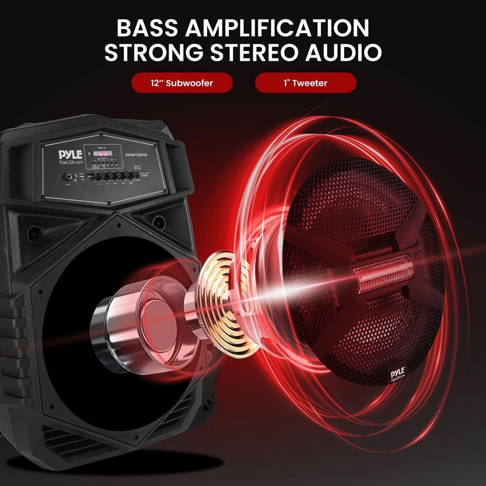 BASS AMPLIFICATION  
STRONG STEREO AUDIO  

12" Subwoofer  
1" Tweeter  

PYLE  
PyleUSA.com  
PHP124