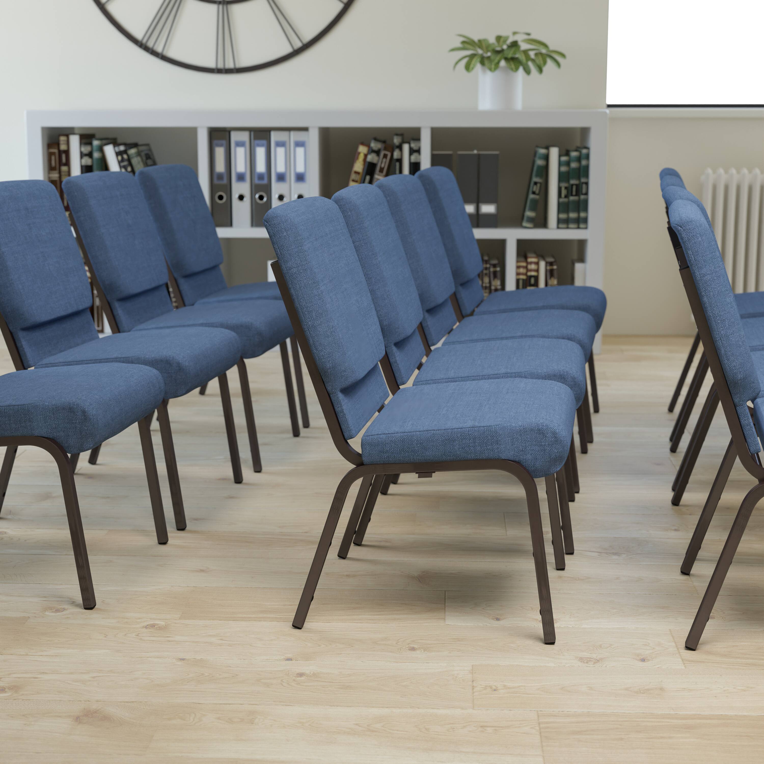 Alt View 1. Emma + Oliver - 18.5"W Stackable Church/Reception Guest Chair - Blue Fabric/Gold Vein Frame.