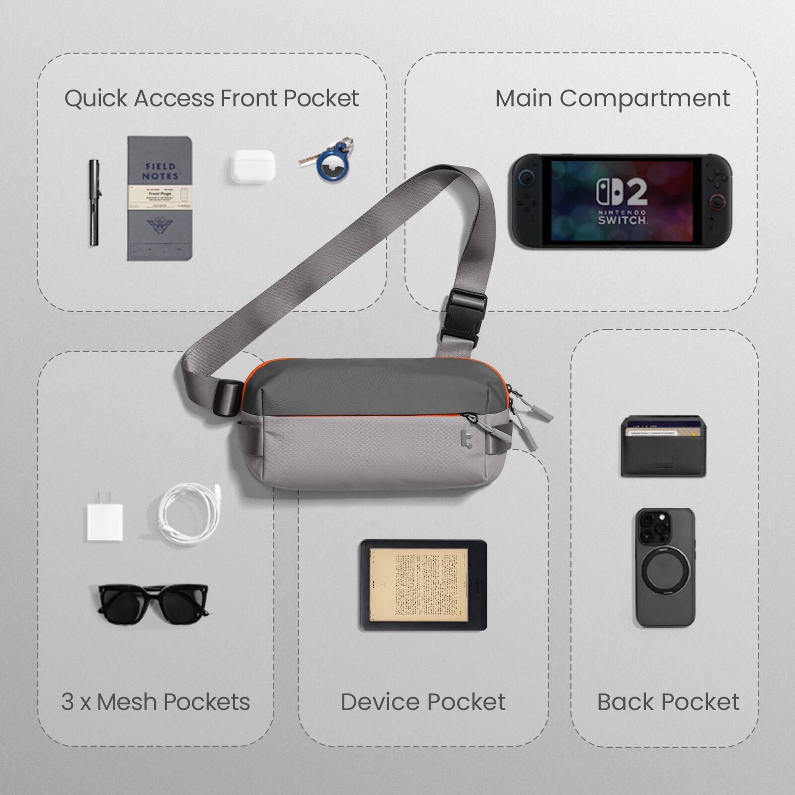 Quick Access Front Pocket  
Main Compartment  
FIELD NOTES  
I - 2  
SINTENDO SWITCH  
3 x Mesh Pockets  
Device Pocket  
Back Pocket