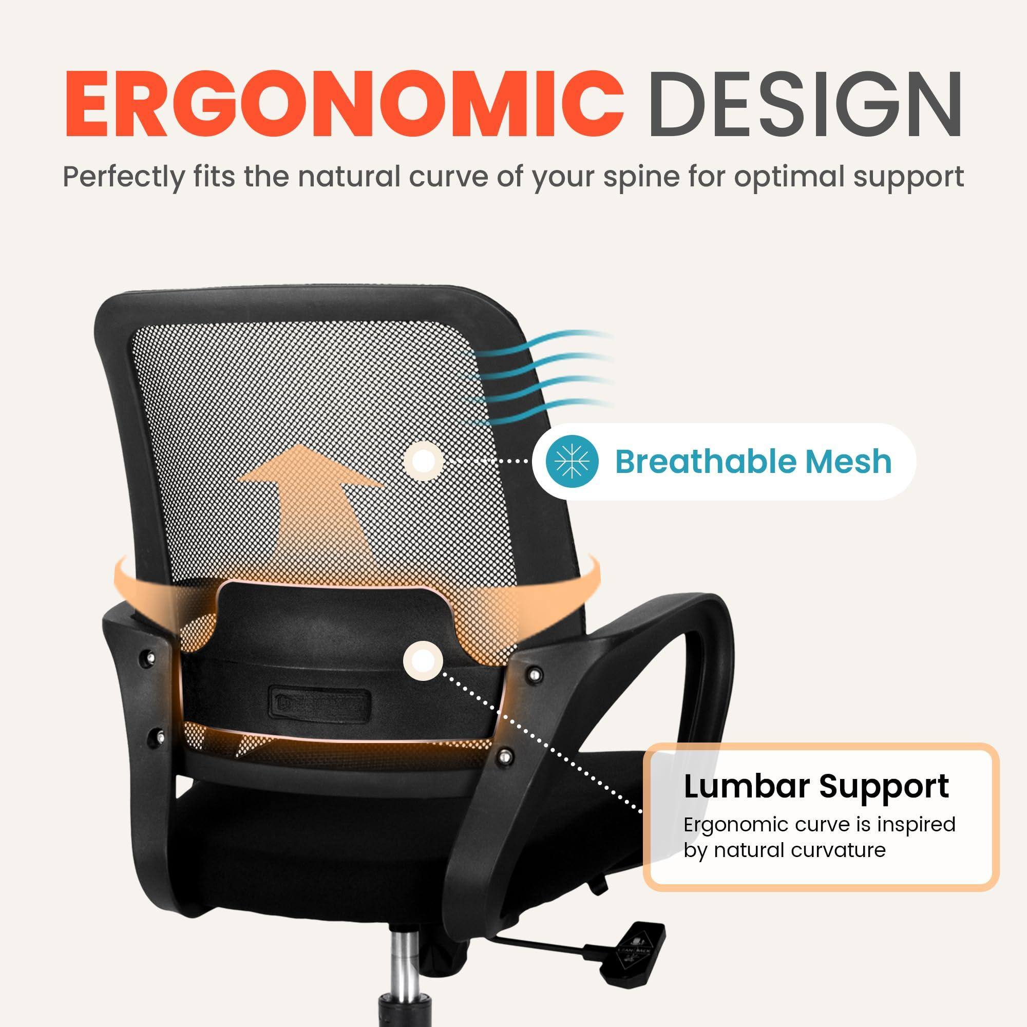 ERGONOMIC DESIGN  
Perfectly fits the natural curve of your spine for optimal support  

Breathable Mesh  

Lumbar Support  
Ergonomic curve is inspired by natural curvature