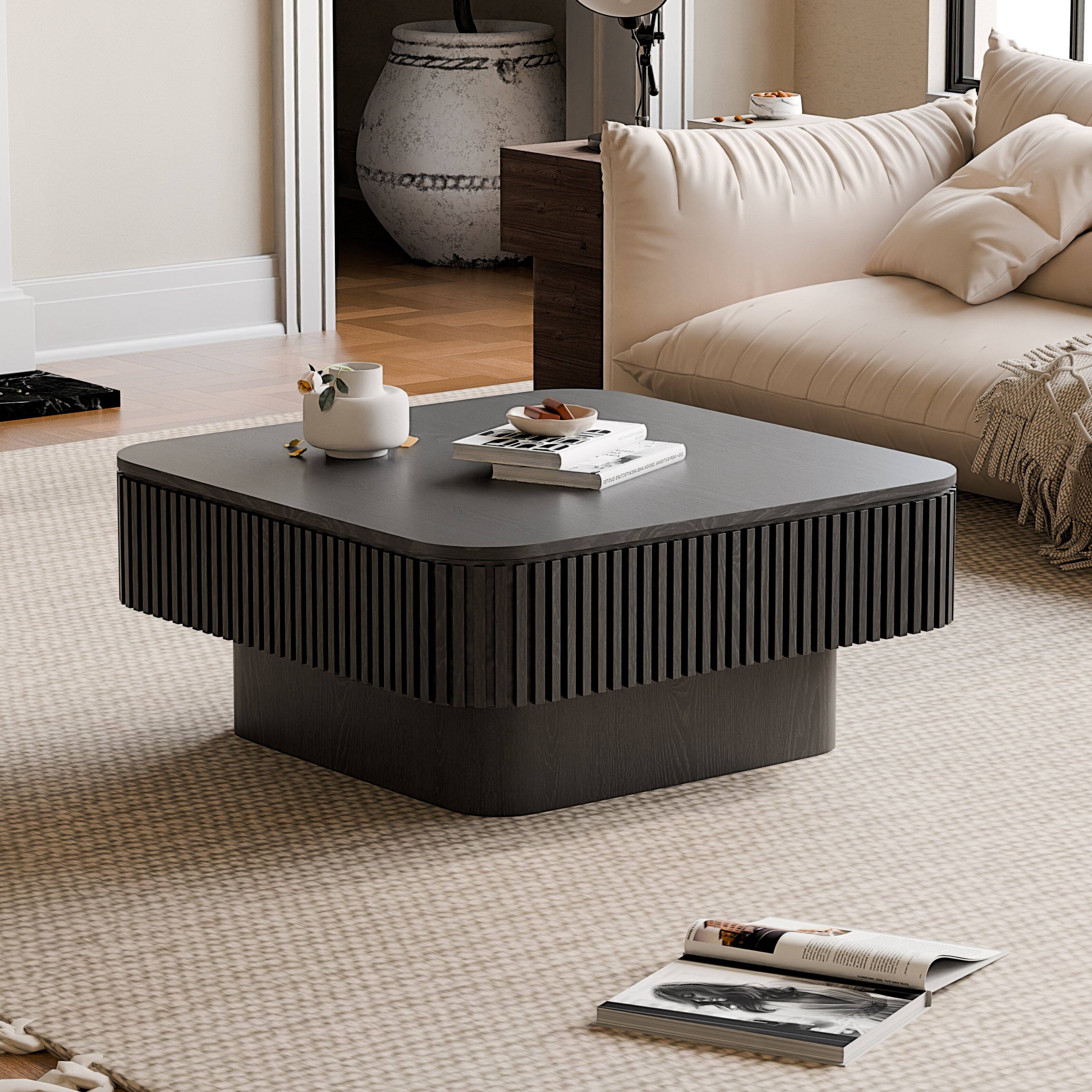 Angle. Loheer - Loheer 31.5 Inch Black Square Coffee Table with Storage Solid Wood Veneer Modern Low Profile Accent Table - Black.