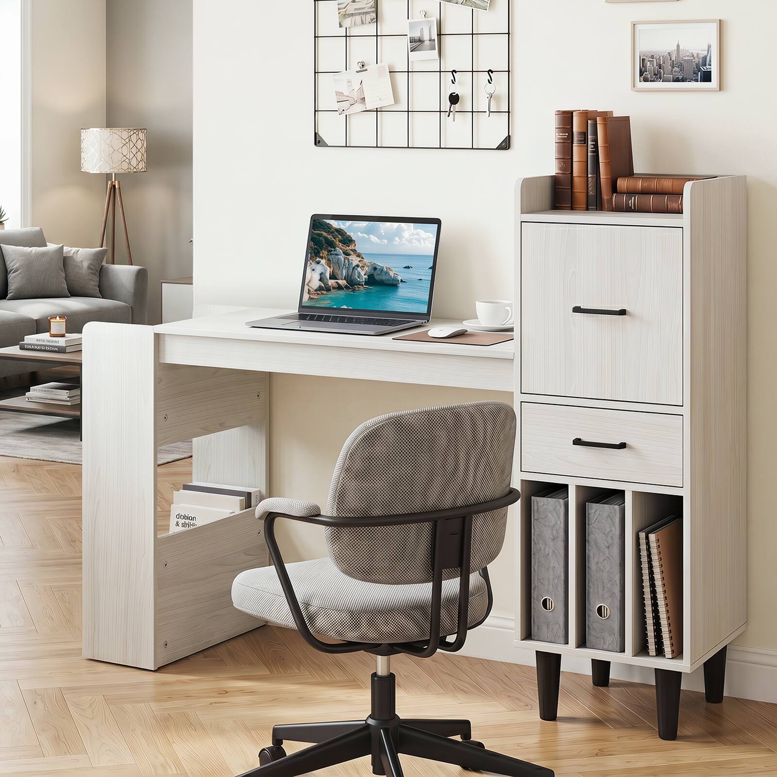 Alt View 3. Costway - Costway 59" Home Office Desk with Side Storage Shelves, Drawer, Cabinets, Vertical Cubbies - White Oak.